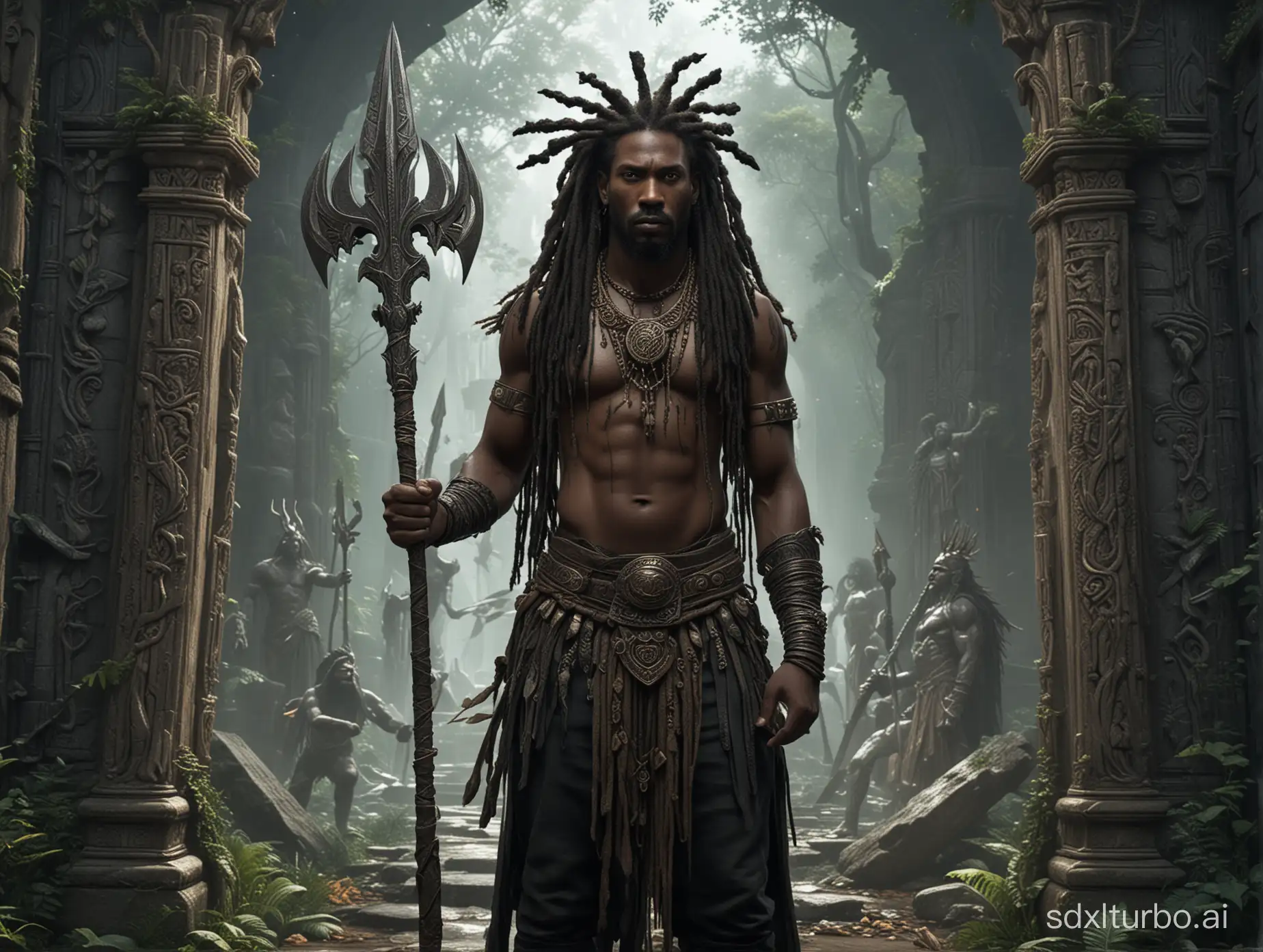The high-resolution, detailed image shows a black man with dreadlocks, standing at the entrance to a mystical portal and holding a trident in his hand. He presents the imposing appearance of a warrior and is wearing a headdress and appears to be the main focus of the scene. In the background, there are several enchanted beings, giving more depth to the image.