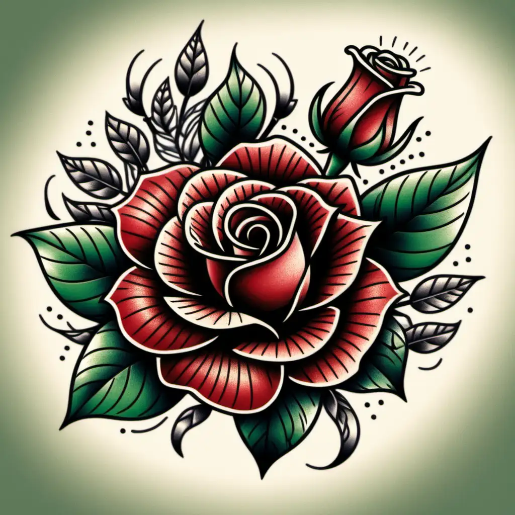 Vibrant Tattoo Flash Rose with Red Flower and Green Leaves