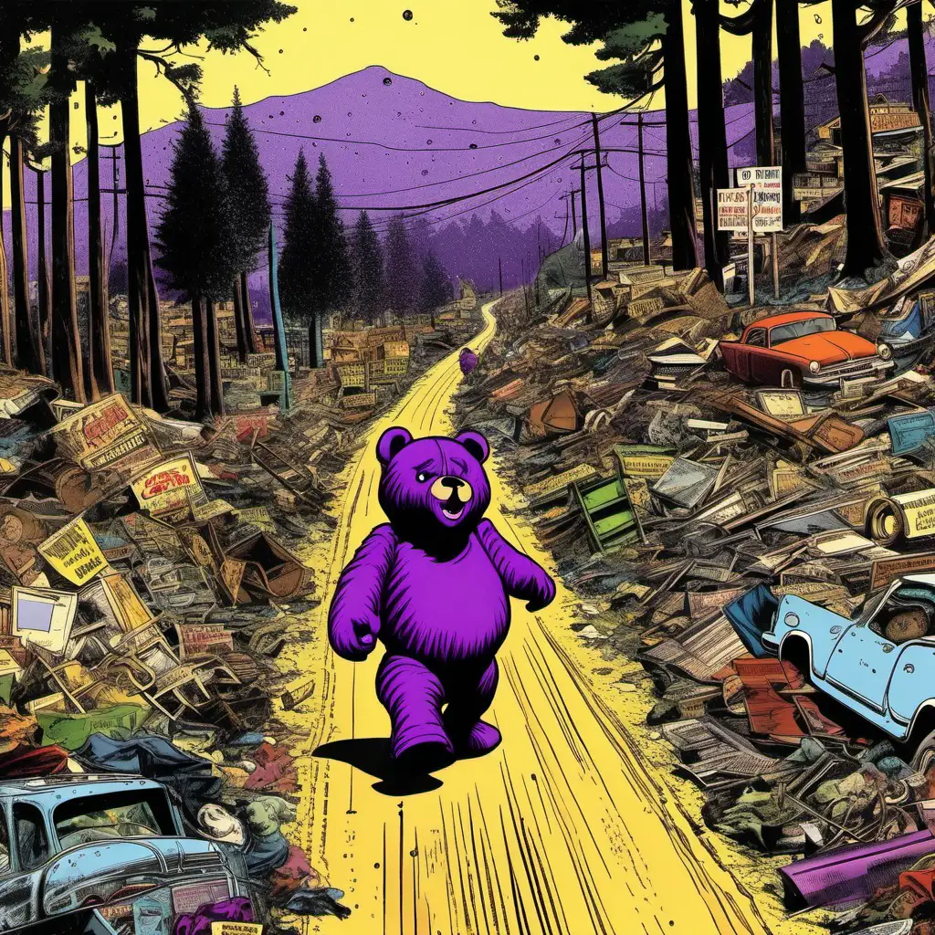 Teddy Freckles, the purple bear on the bass, walks down a windy road. The surrounding elements are trees, just like in Santa Cruz. He then arrives outside the town dump. The town is called Bruxinville. When teddy makes these trips to the dump, he does so covertly, trying to avoid being seen by humans. Show in frames. Stylize as retro 1960s comic book. show in 10 consecutive frames.