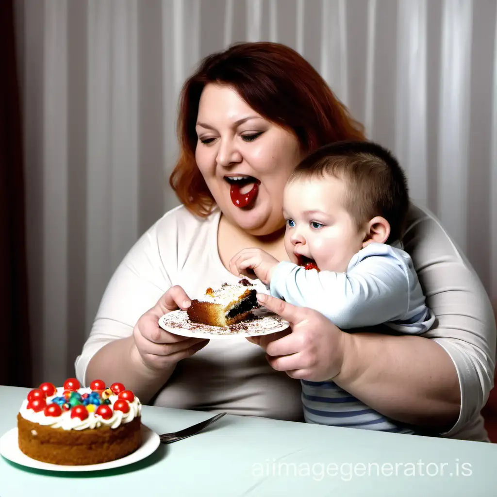the fat mom with a child eats cake