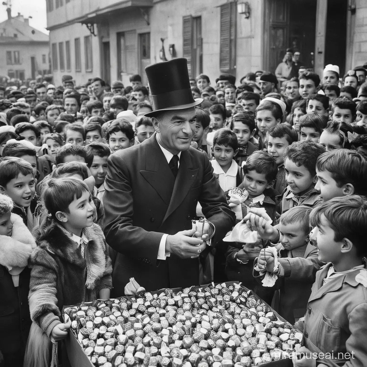 Mustafa Kemal Atatrk Giving Candies to Children in Traditional Turkish Setting