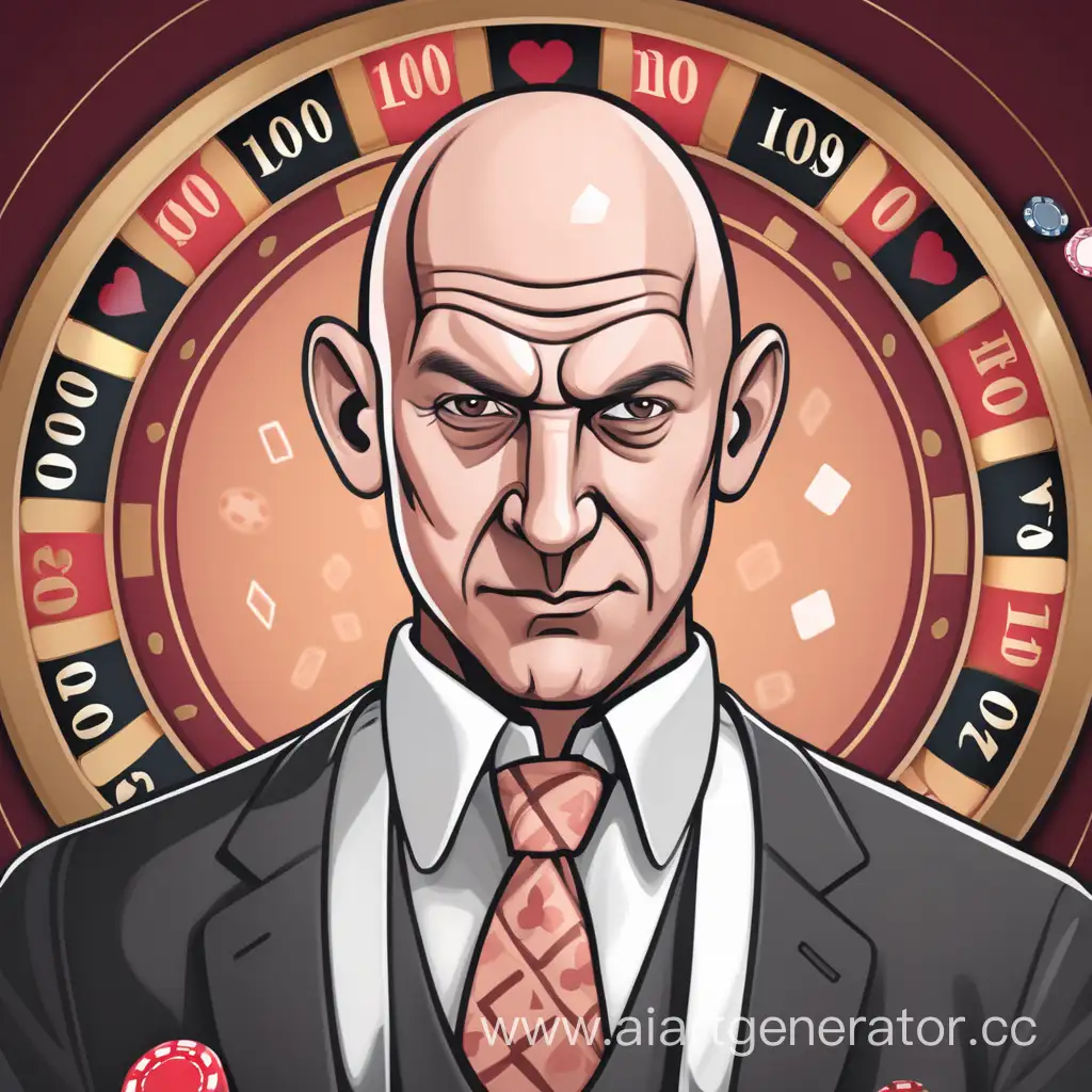 Create a thin and bald man in the style of a hog and do something interesting with a casino style background.