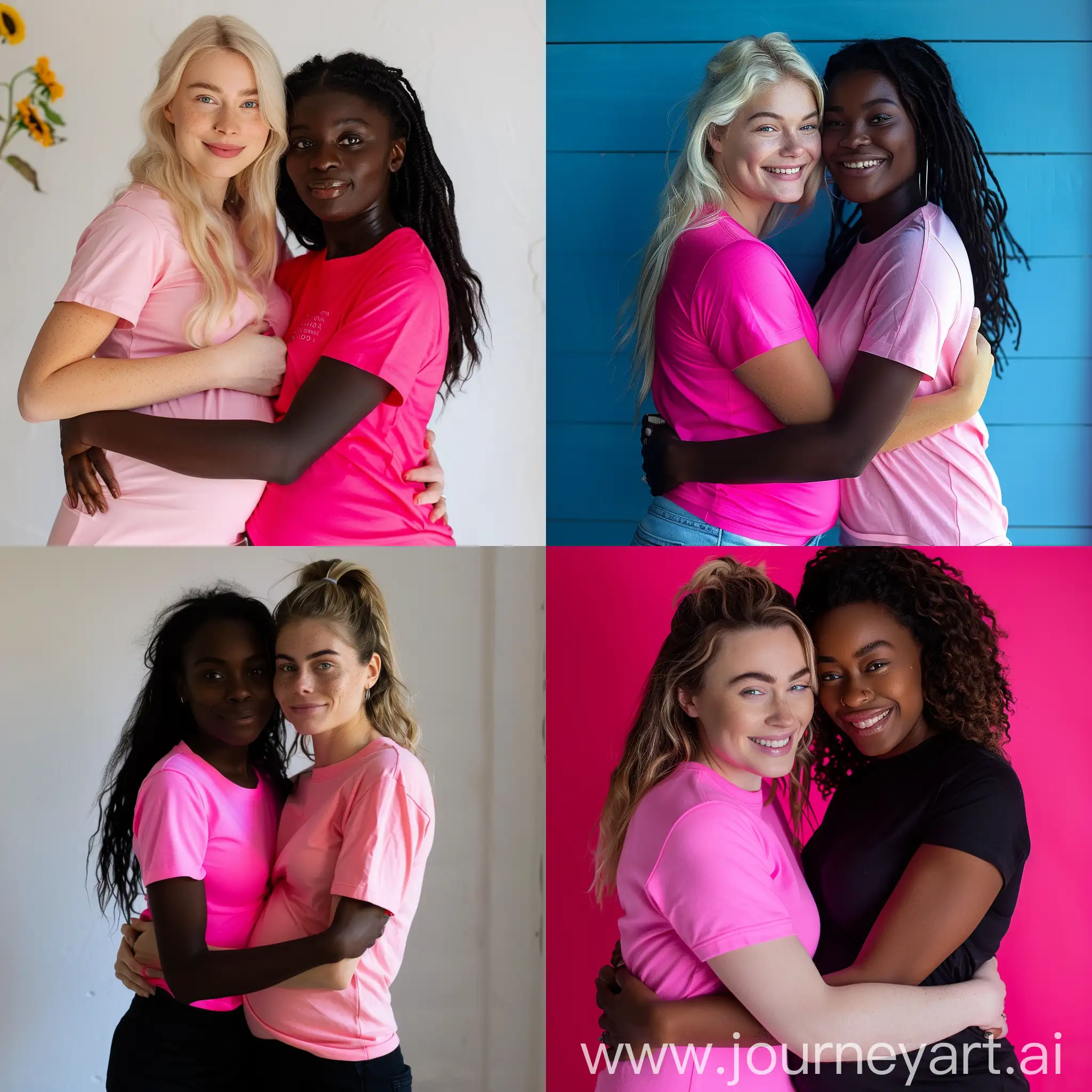 Two Lesbian 21 years tee-shirt pink neon and weight medium and white European skin ack hug and and black African skin pregnant  