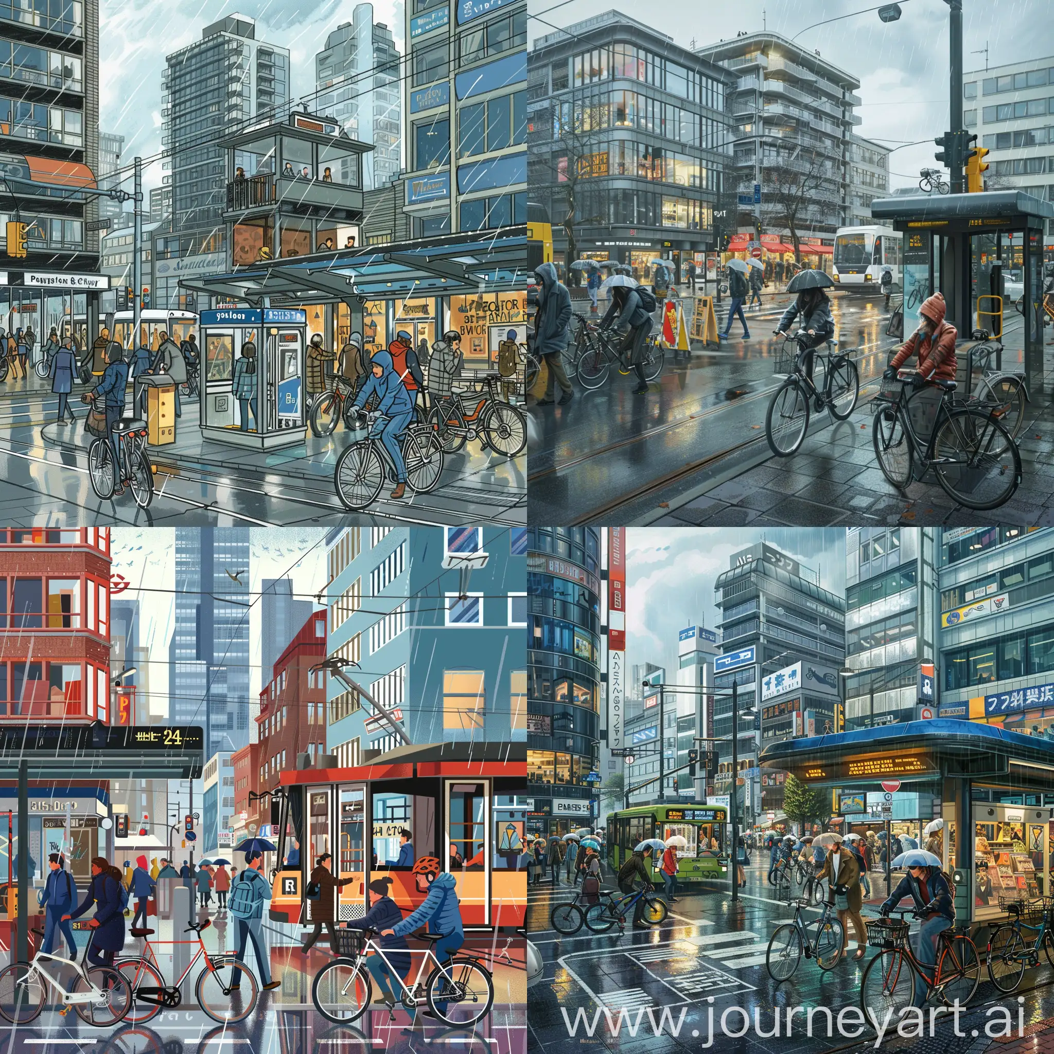 Create an urban scene in a large city. The scene includes tall buildings, shops, busy intersections, a bus stop, people rushing to work or school, someone riding a bicycle, a bike rental station, rain falling, people wearing jackets, bicycles parked, and a tram