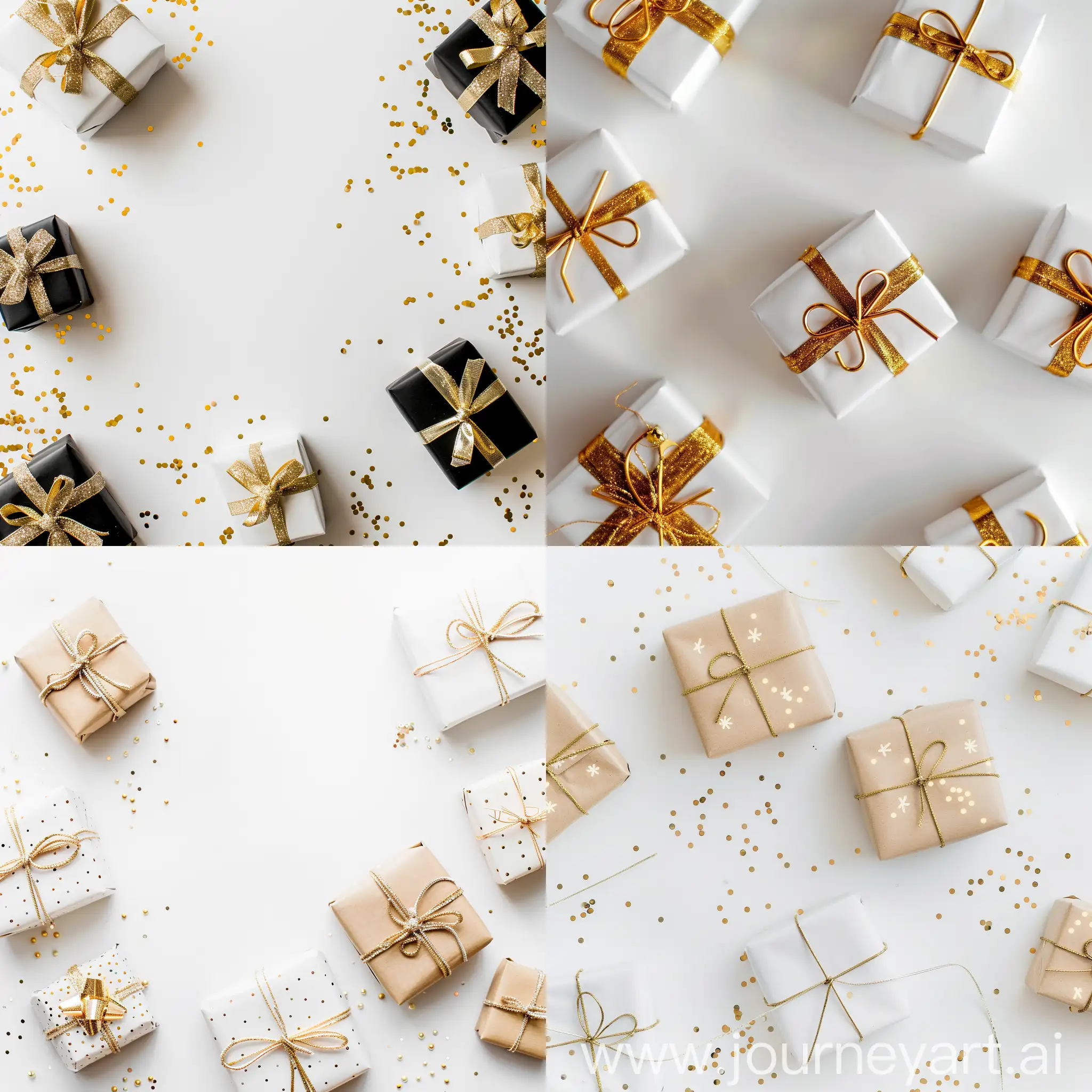 white background Stylish gifts, scattered on white background, minimalism, one line, gold and white transparent 90%