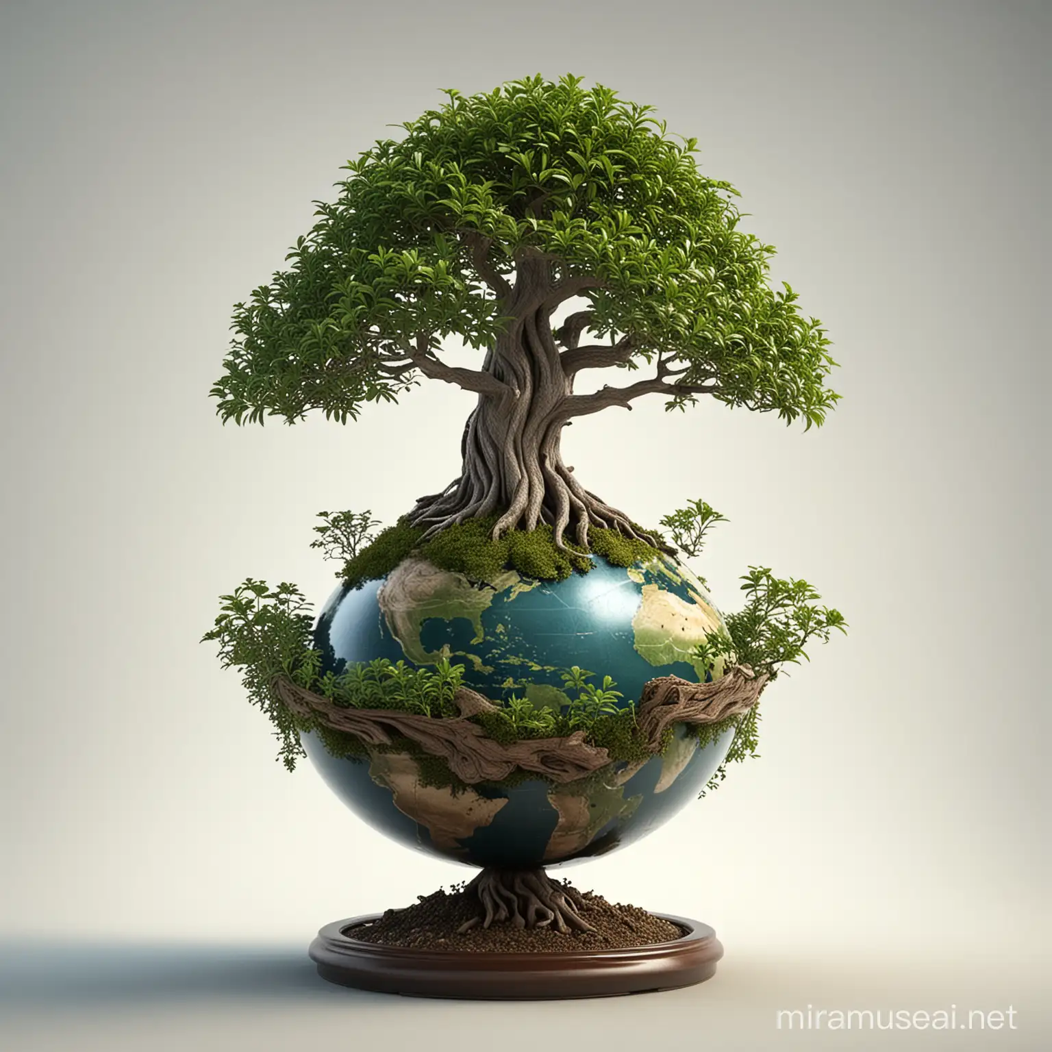 Create a photorealistic image of a small, lush bonsai tree with green leaves growing out of a globe that looks like the Earth. The bonsai tree is planted directly on top of the globe, which should have detailed and accurate geographical features of continents and oceans. Below the globe, include a pair of human hands gently cradling it from below. The background should be plain white to emphasize the subjects. The image symbolizes environmental care and the nurturing of nature in relation to the world, 32k render, hyperrealistic, detailed.