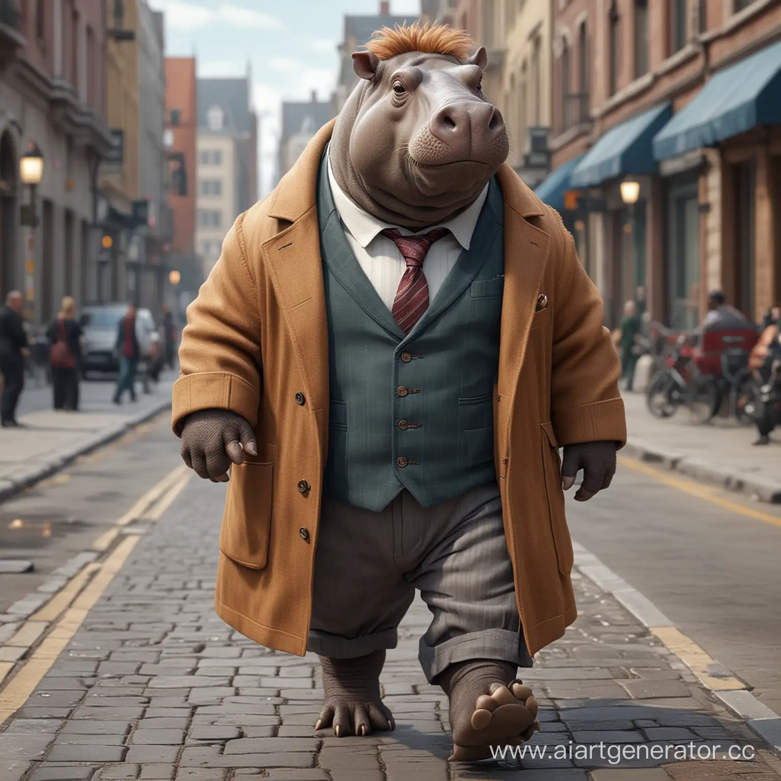 hippopotamus in a coat, trousers, with a tie, race dnd, with a fluffy hairstyle, a lot of hair on the head,  fyll body, extreme detailed, realistic light, walking down the street, hyperrealisme, fantasy style, style steampunk,8k, 