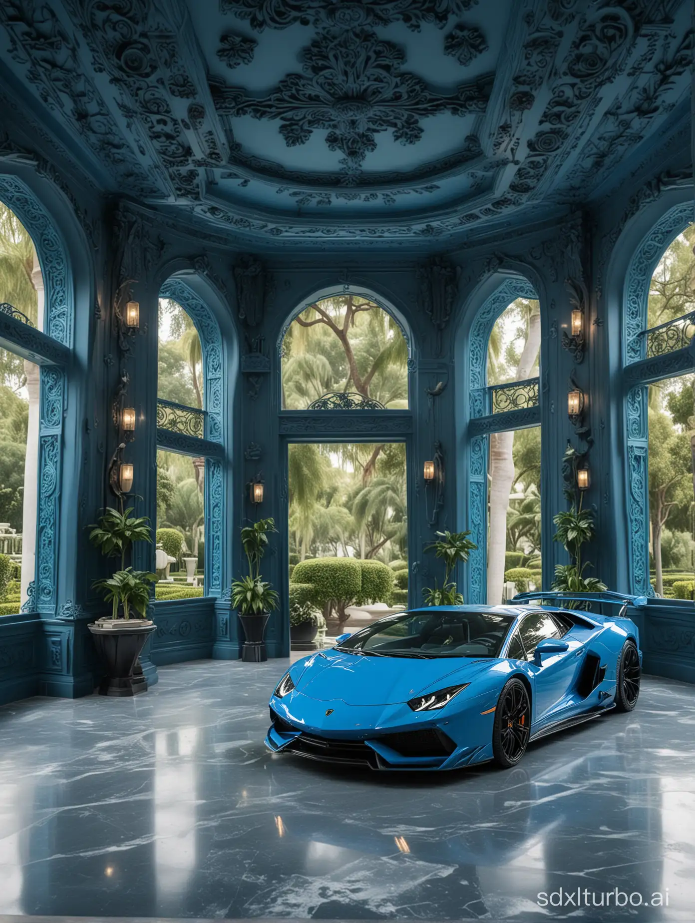 An extravagant showroom with a Lamborghini car in blue color, with intricate carvings and intricate details, surrounded by lush landscape gardens, modern and luxurious mansion