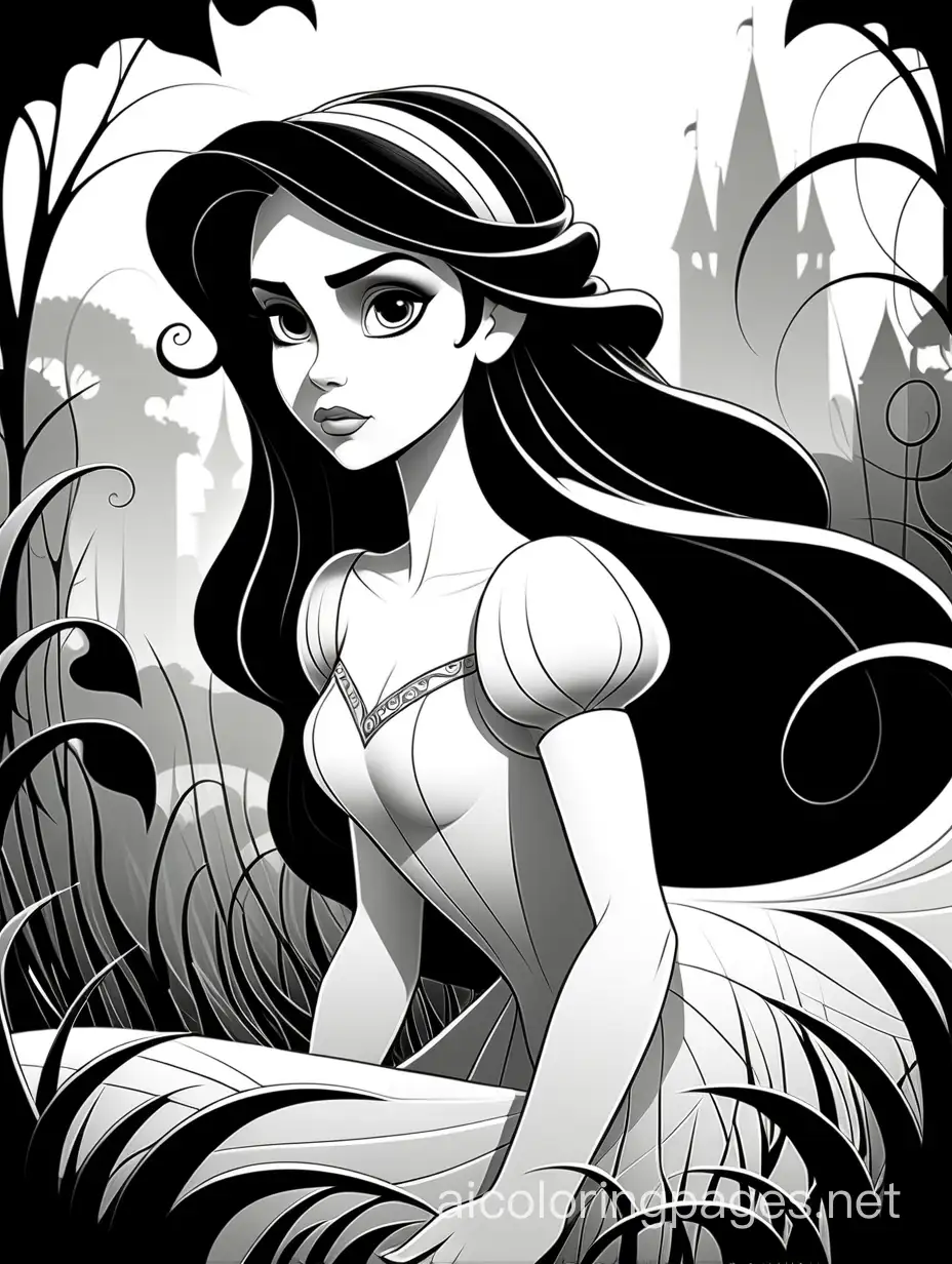 fantasy princess in a beautiful field, Eyvind Earle, multilayered, Coloring Page, black and white, line art, white background, Simplicity, Ample White Space. The background of the coloring page is plain white to make it easy for young children to color within the lines. The outlines of all the subjects are easy to distinguish, making it simple for kids to color without too much difficulty