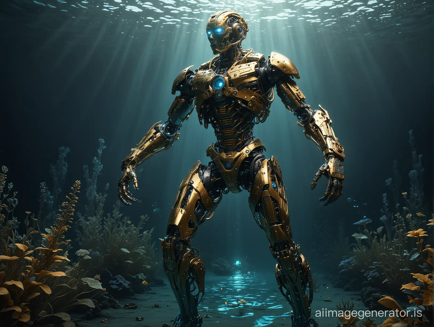 The complex, full body of mechanical cyborg shown in the 3D image, Various meticulously crafted mechanical parts come together to form a human body, Gold and dark blue metallic colors dominate walking dives into the Luminescent Depths where the glow of underwater flora illuminates the mysterious shadowed abys, front view