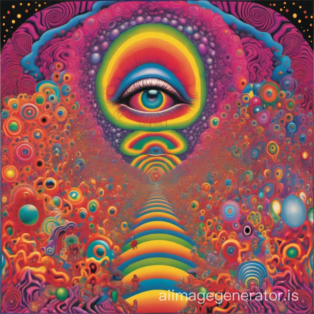 """Develop an artificial intelligence model to generate an album cover that subtly conveys themes of love and the psychedelic experience induced by LSD. The artwork should employ vibrant and dream-like imagery, incorporating elements such as swirling patterns, kaleidoscopic colors, and surreal landscapes. It should evoke a sense of euphoria, wonder, and introspection, hinting at the profound emotional and perceptual shifts associated with both love and LSD. The cover should strike a balance between ambiguity and suggestion, inviting viewers to interpret its meaning while capturing the essence of the album's themes."""