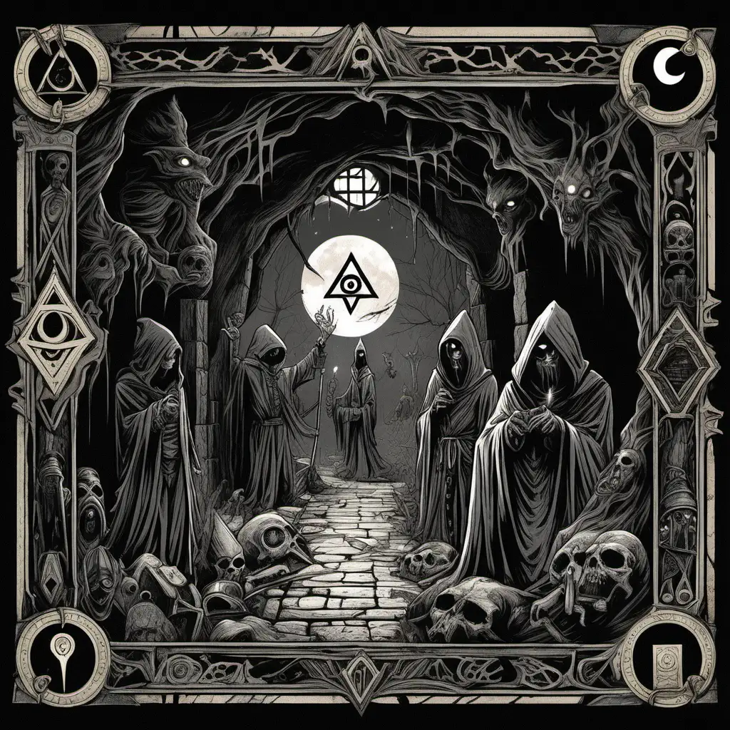 The card box exterior for "Cultists of the Cul de Sac" features a mysterious and captivating illustration that sets the tone for the occult theme of the game. Against a backdrop of a moonlit suburban cul-de-sac, shadowy figures in hooded cloaks engage in a clandestine ritual. The scene is bathed in an eerie glow, with mystical symbols and arcane glyphs adorning the edges of the box, hinting at the dark secrets hidden within.

In the foreground, a mysterious portal crackles with ethereal energy, serving as the focal point of the artwork. Emerging from the portal is a glimpse of the dark deity the cultists seek to summon, its presence felt but not fully revealed. The overall aesthetic is both enigmatic and intriguing, inviting players into a world of hidden mysteries and occult conspiracies.