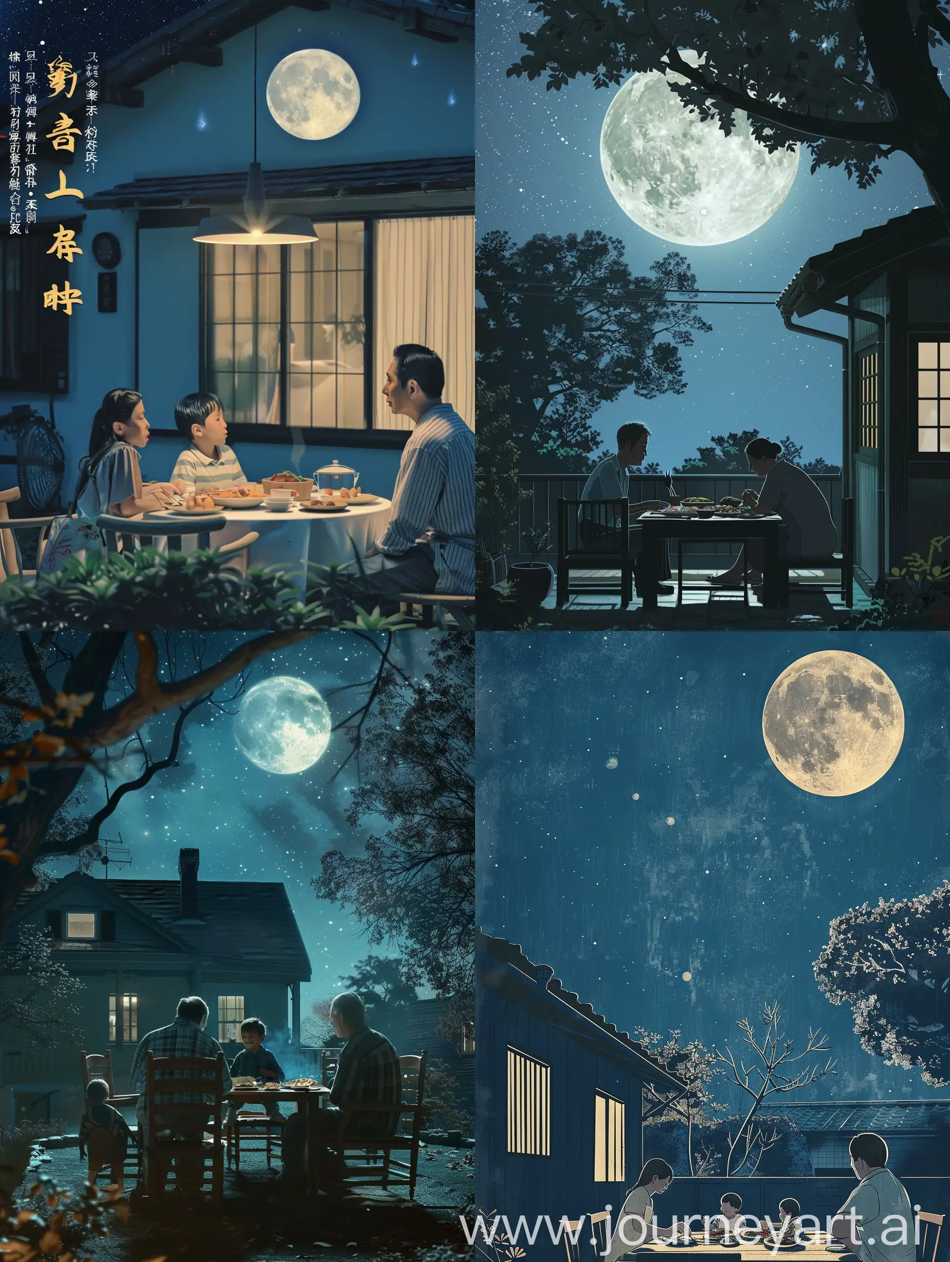 Help me generate a poster, poster design reference:
In the moonlight, there is already a meal on the table, and a scene of a middle-aged couple waiting for their children to eat in a house