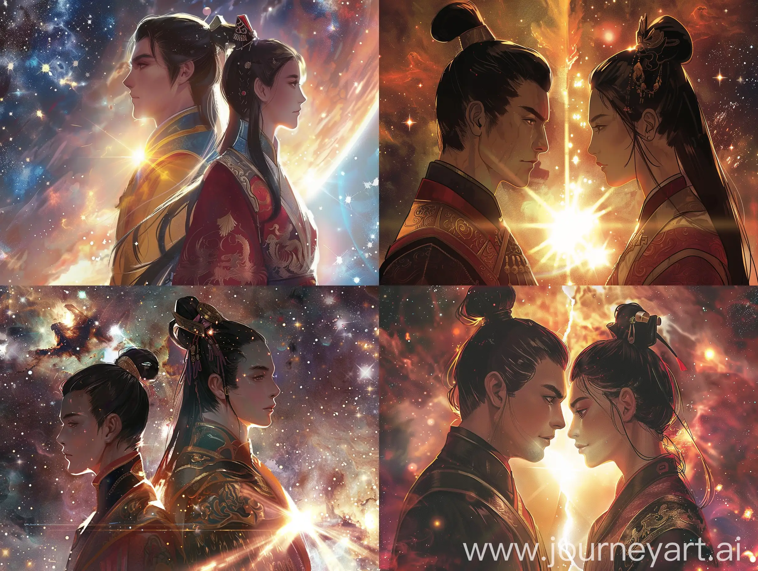 chinese ancient warriors couple, comic, upper half body , man side face, head up, women front face, bit head down, bright shimmering between them ,background is huge interstella.
