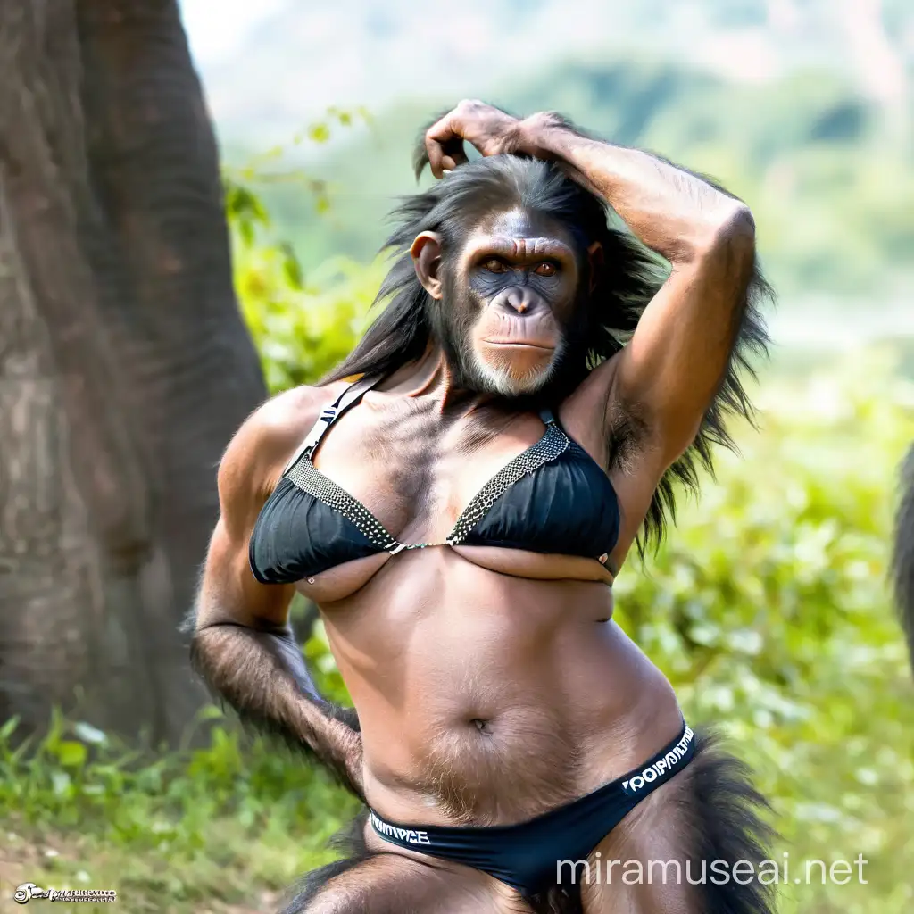 A very hairy woman transform to werechimpanzee showing the very hairy female body with brown skin and sweaty hairy boobs and hairy brown chimpanzee faces and long hair