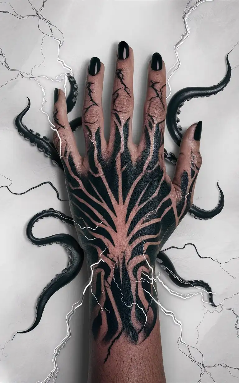 Hand Tatto blackwork tatto, veins like tentacles, centered pattern,  very hard black, lightining white lines, beautiful, white background