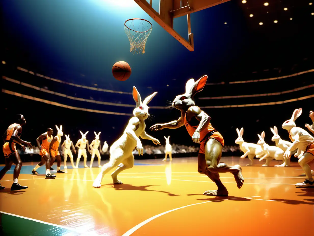 Epic Clash Giant Rabbits vs Pro Basketball Players in Frank Frazetta Style
