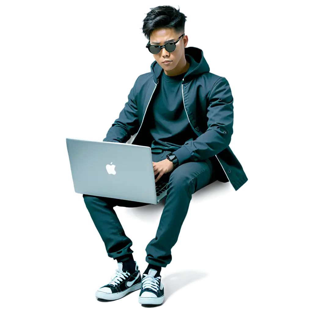 anime, black hacker, Sitting down and hacking with the MacBook on your lap, Korean man wearing sunglasses