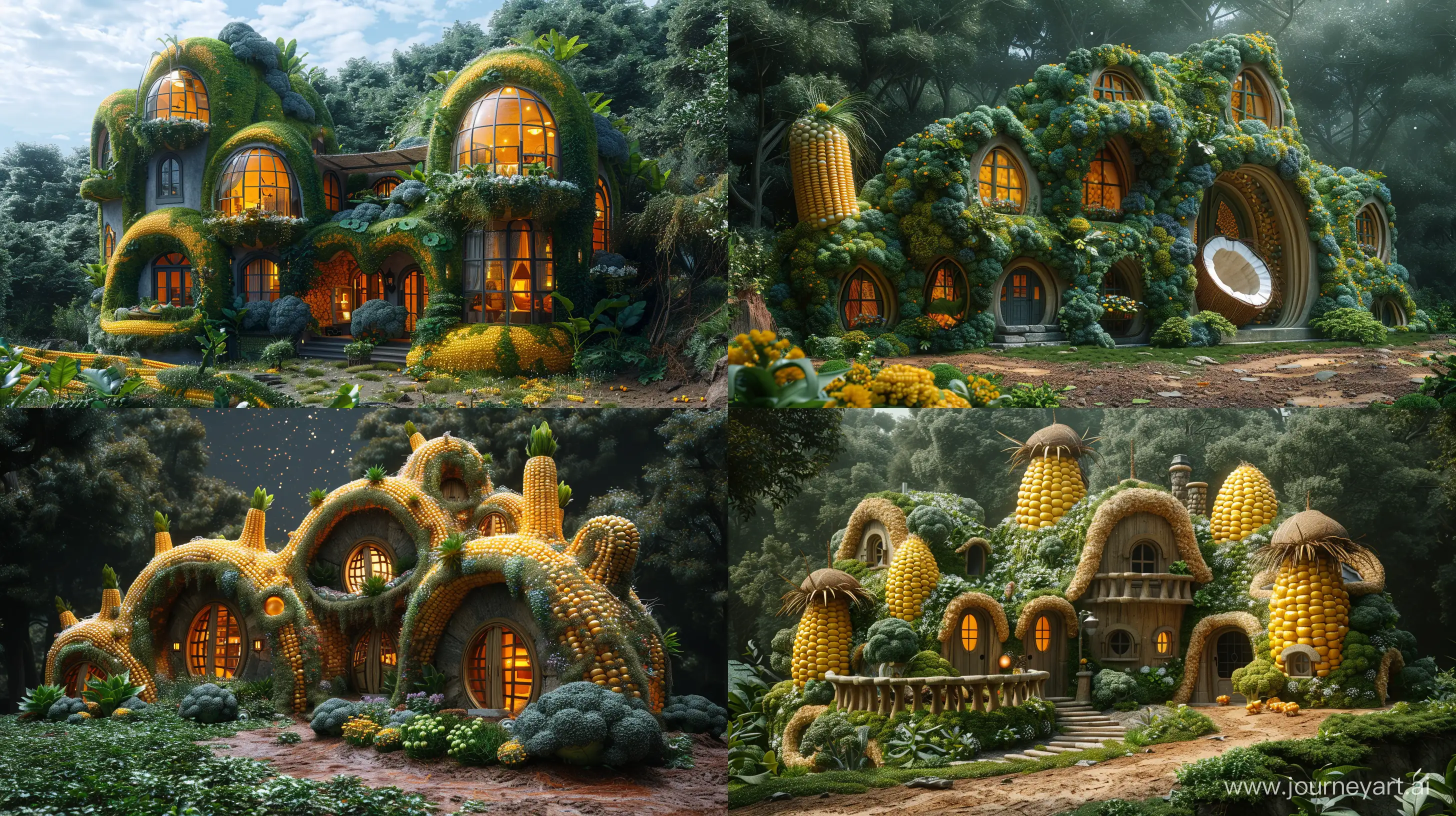 luxury house in the shape of corn and coconut and broccoli, in the galaxy, fantasy style, realistic --stylize 750 --ar 16:9