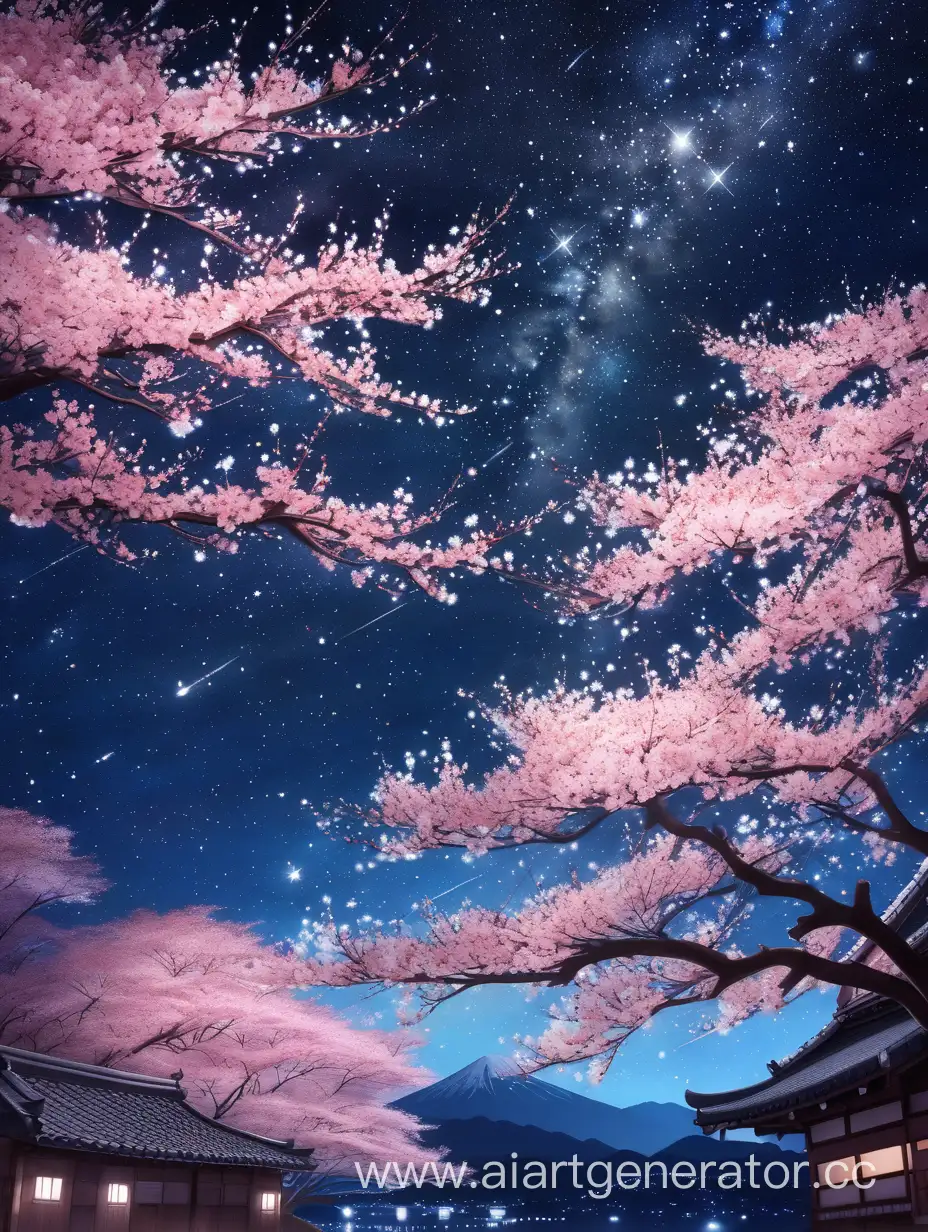 sakura flowers night starry sky