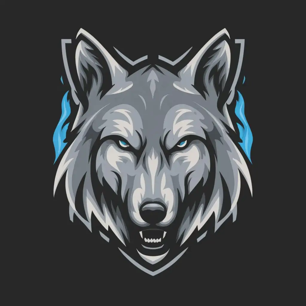 LOGO-Design-for-Grey-Valley-Wolf-Aggressive-Grey-Wolf-Head-with-Blue-Eyes-and-Woods-Background-for-Sports-Fitness-Industry
