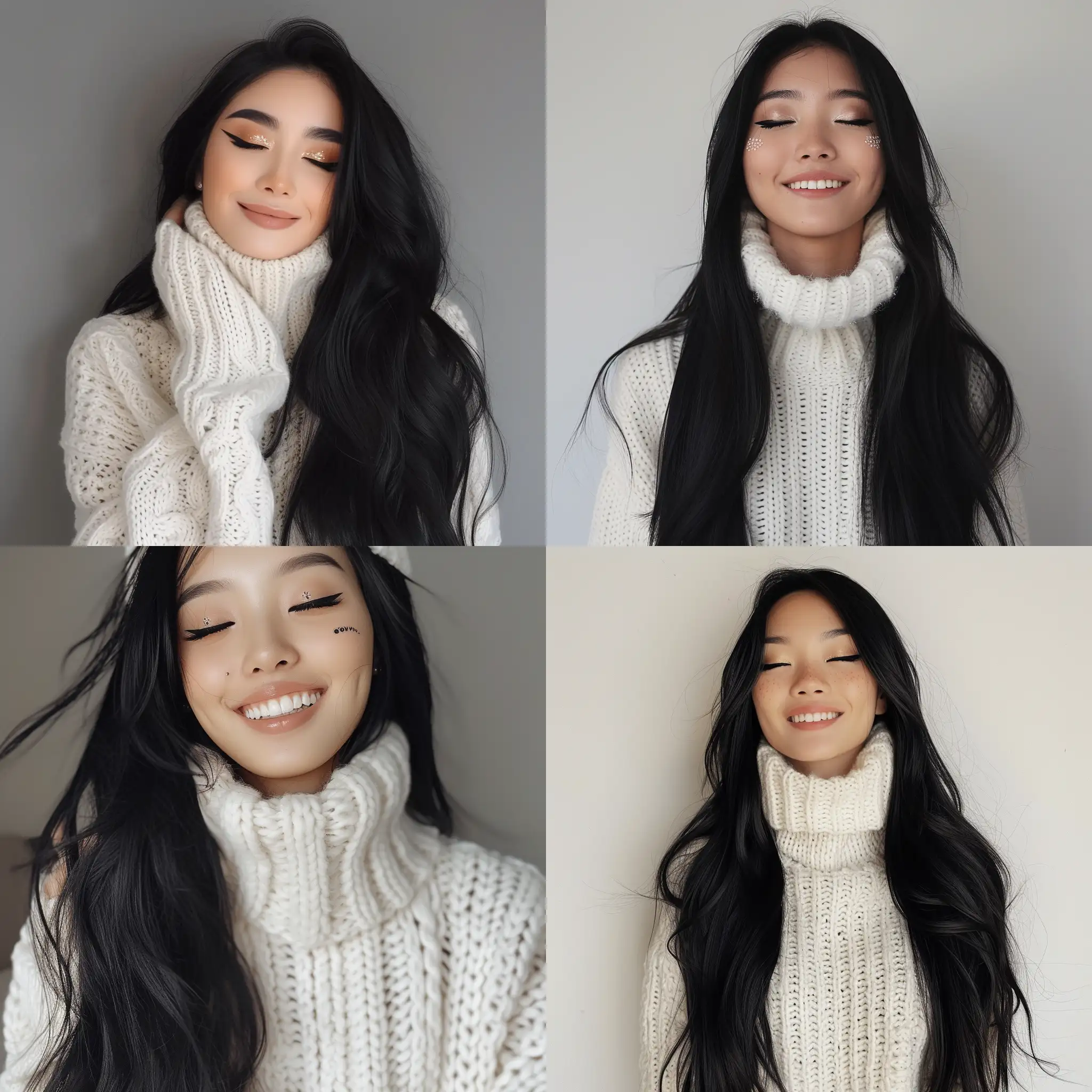 Girl with long black hair and asian makeup closed mouth smile in a white knitted sweateraesthetic instagram profile picture