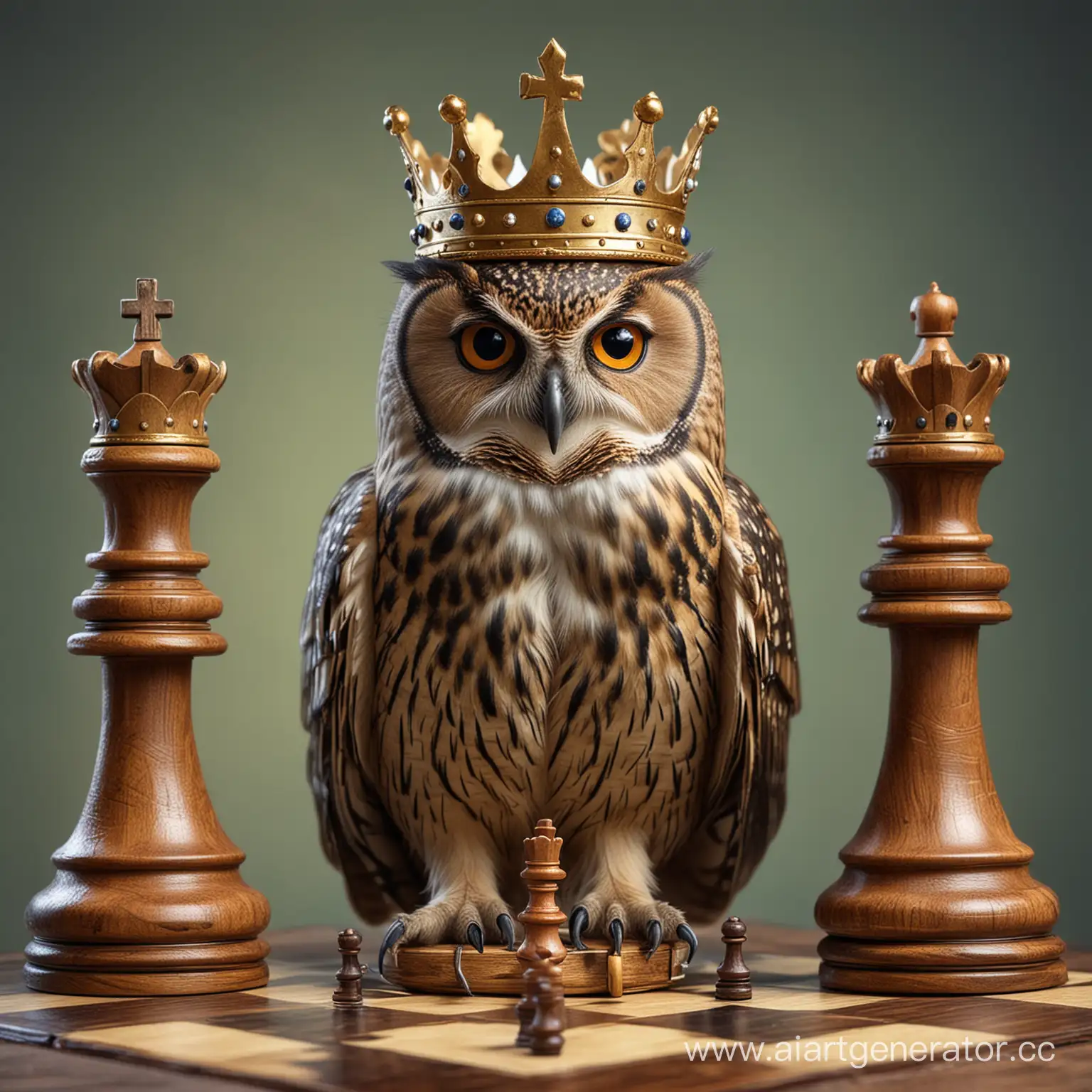 Wise-Owl-in-Crown-and-Glasses-Strategically-Playing-Chess