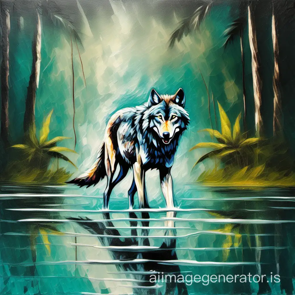 wolf walking on the water of the jungle grunge oil painting