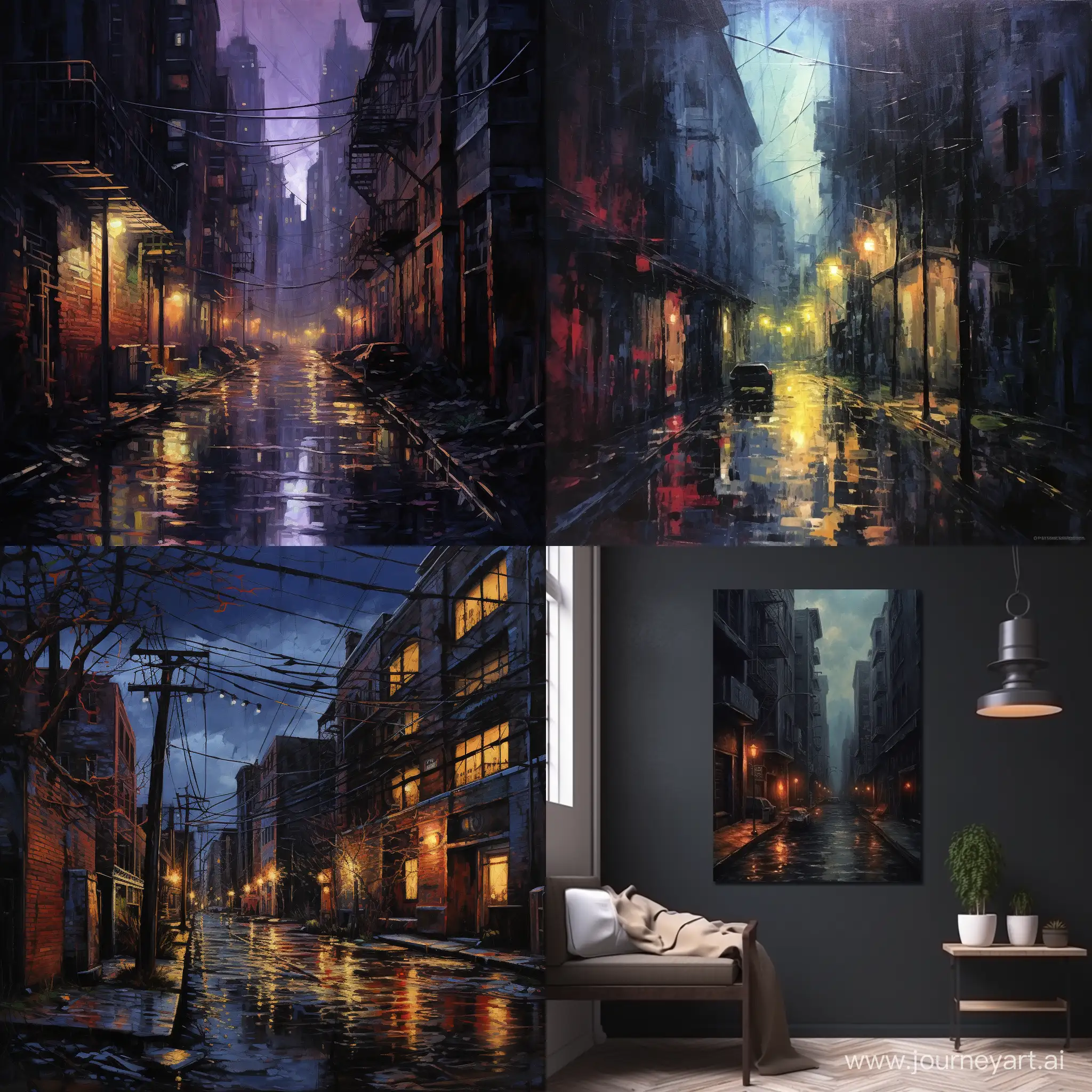 nightlight dark city street oil painting 