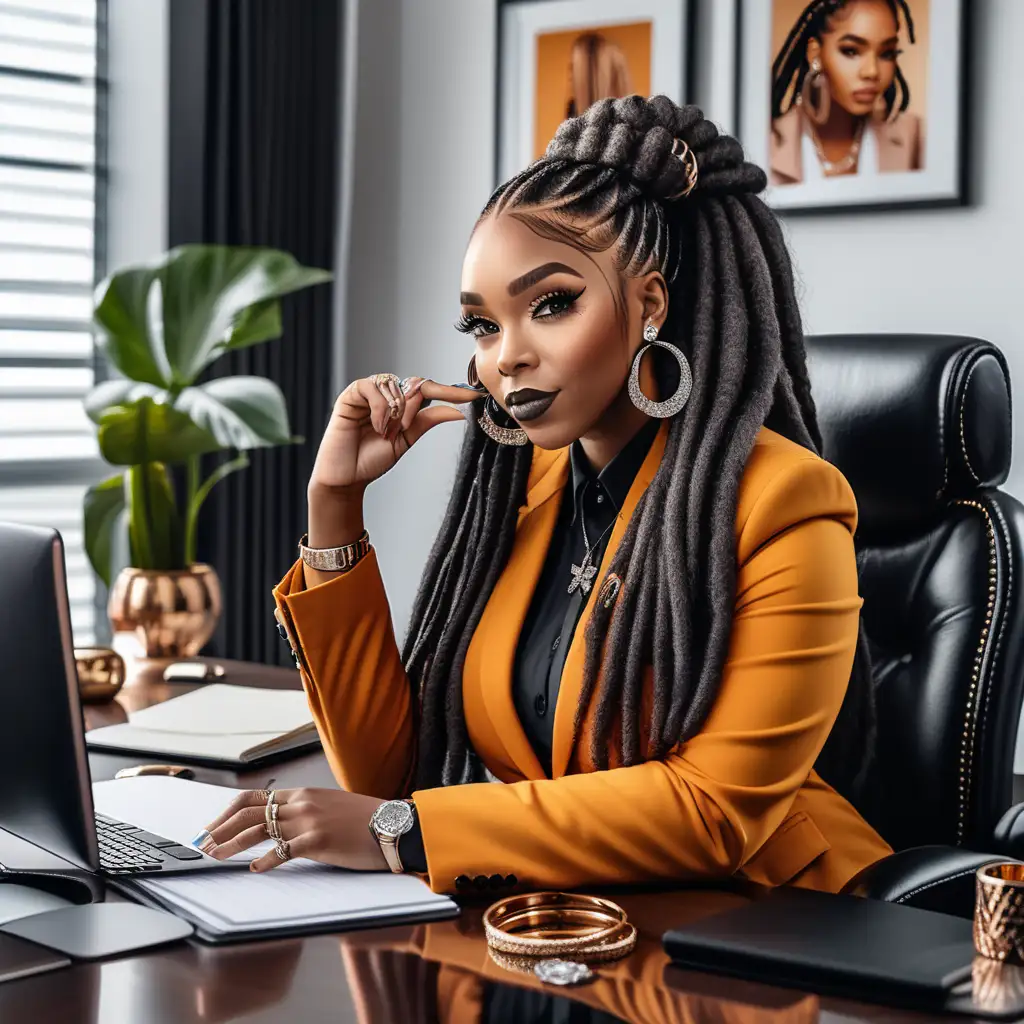 An realistic beautiful 
Black thick woman bright ginger     colored dreadlocs hairstyle with baby hairs rings on her finger Boss babe at a desk, wearing a luxury business clothes, fur chair, diamond tumbler, glam office, pictures on wall.

