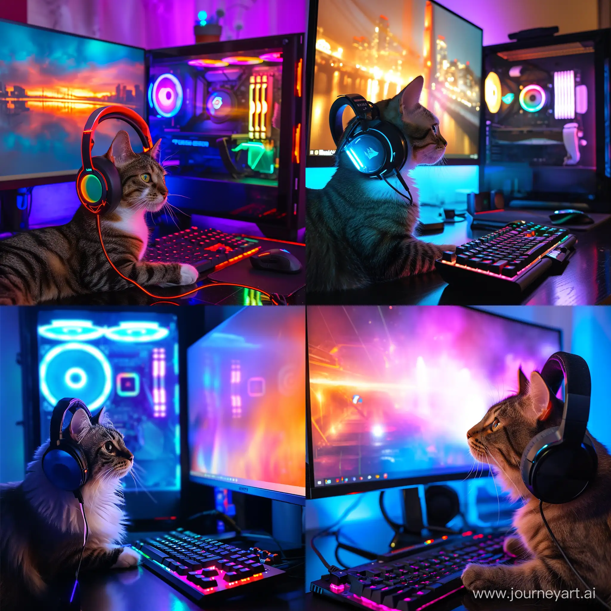 крутой кот в  наушниках c RGB подсветкой играет в компьютер с большим монитором и RGB подсветкой