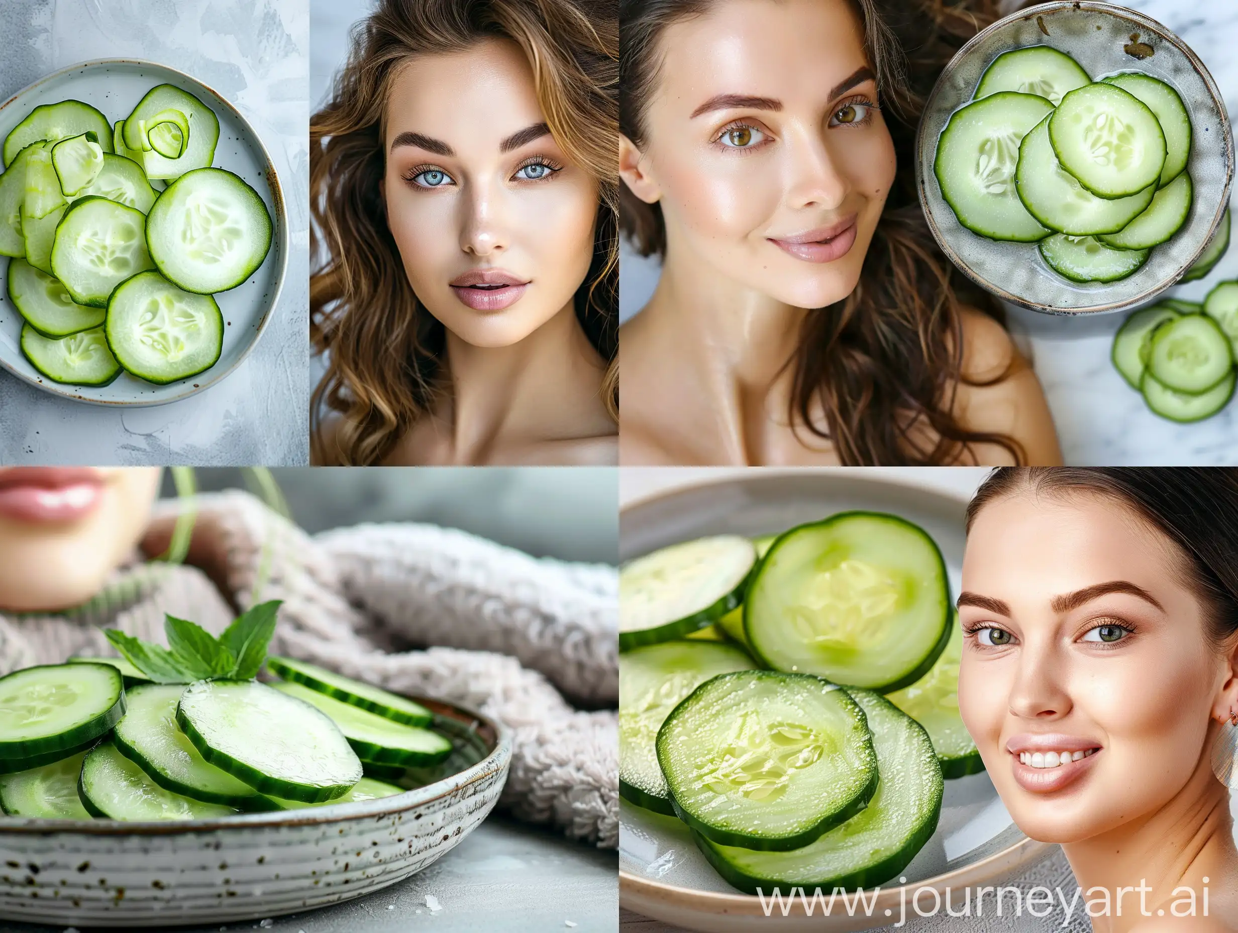 Natural and real photo of a beautiful woman. A few slices of cucumber on a plate