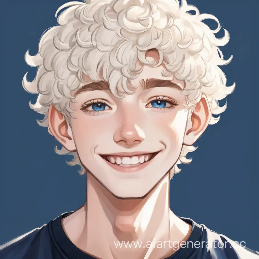 Sweet, sunny, smiling teenage boy with short curly white hair, really pale skin, full lips, dark blue eyes and slim tall figure.