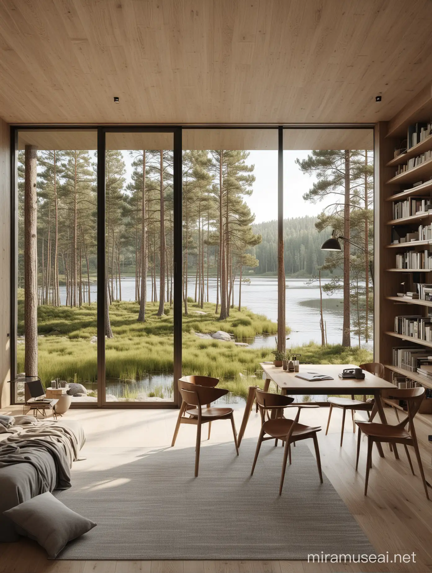 Modern Minimalist Workspace Overlooking River and Pine Trees