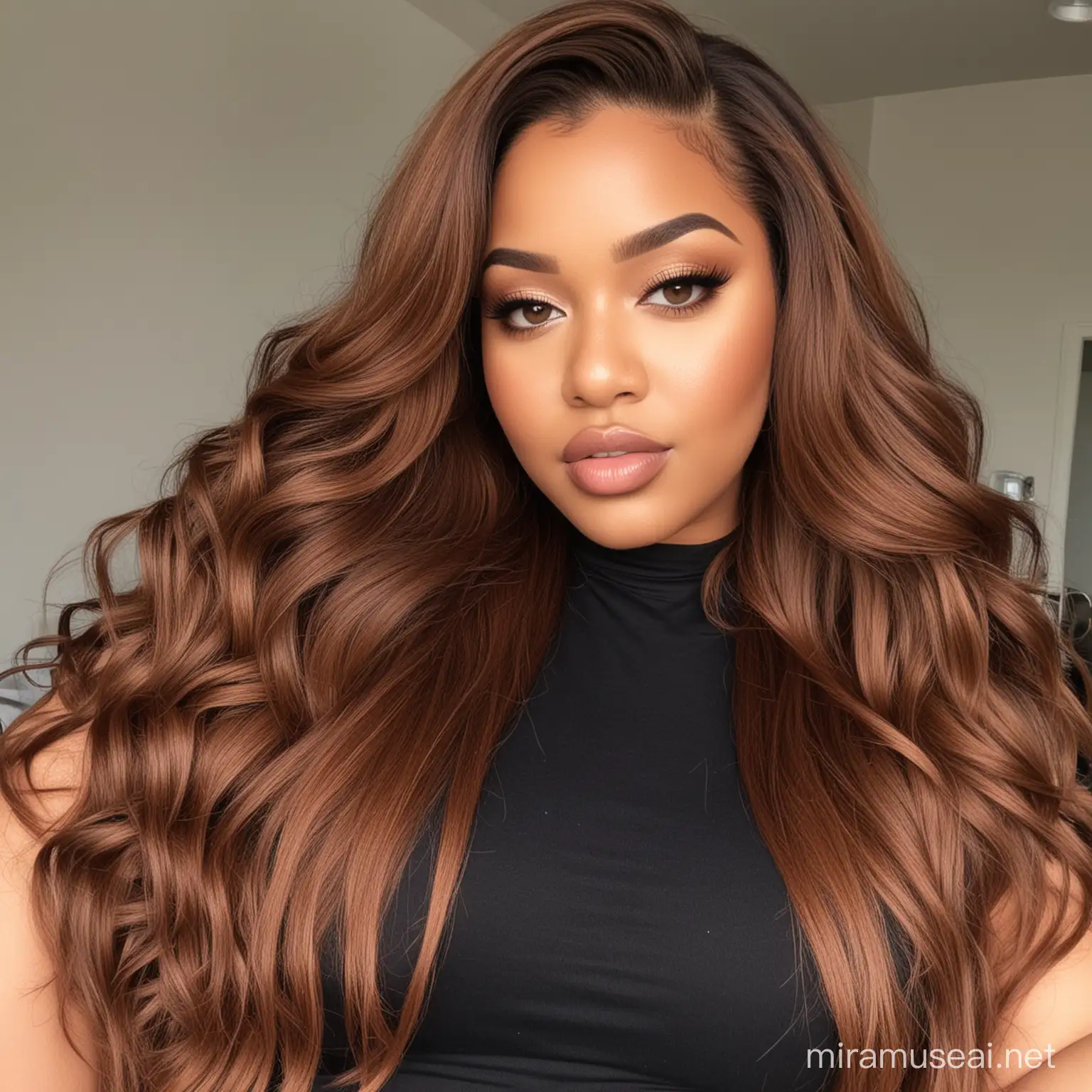 Image prompt/: generate pictures full body of a light skinned south african curvy, thick, plus size girl that looks like me, with a straight brown hd lace front weave, brown leather 