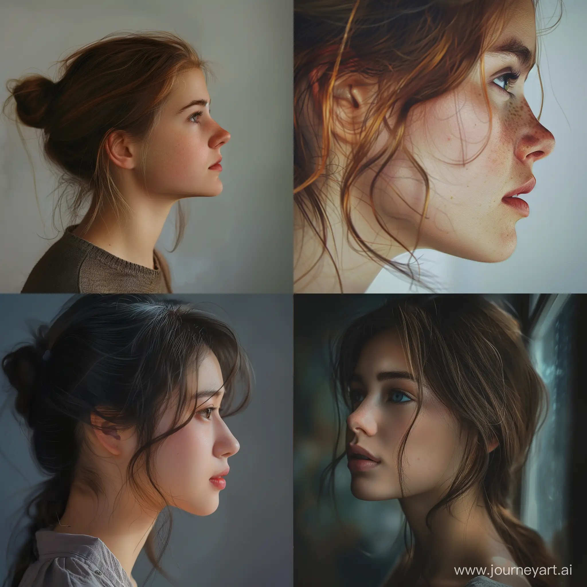 a girl looking at right side , face portrait, fhd realistic