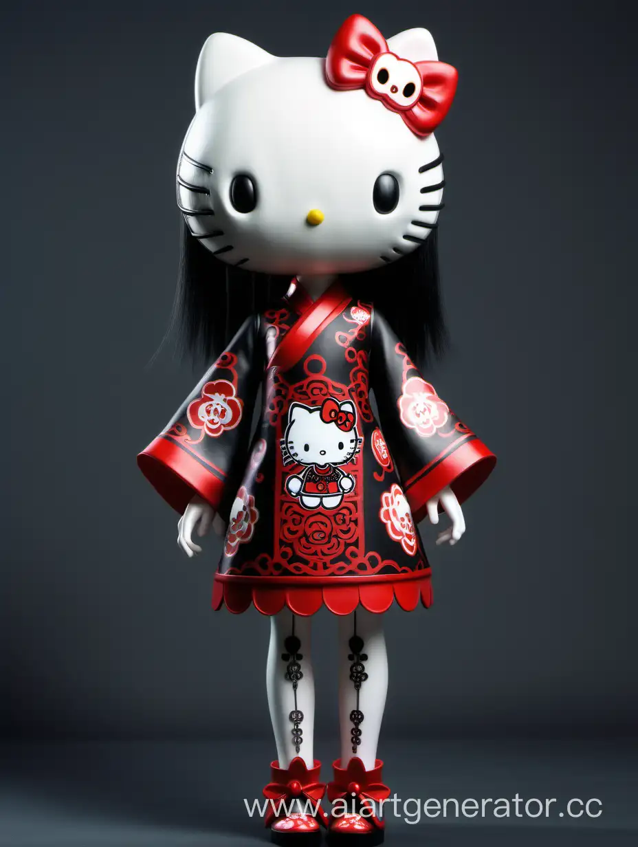 thin humanoid Hello Kitty with long legs, fair hair and eyelashes in black and red Chinese style dress with skulls ornament