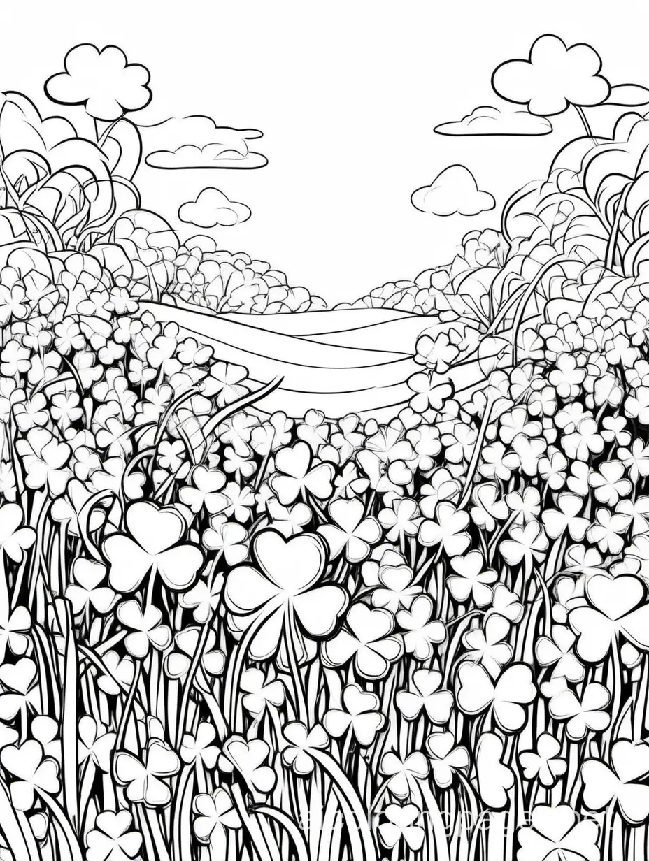 A field of clovers with a hidden four-leaf clover for St. Patrick's Day for kids dont coloring , Coloring Page, black and white, line art, white background, Simplicity, Ample White Space. The background of the coloring page is plain white to make it easy for young children to color within the lines. The outlines of all the subjects are easy to distinguish, making it simple for kids to color without too much difficulty