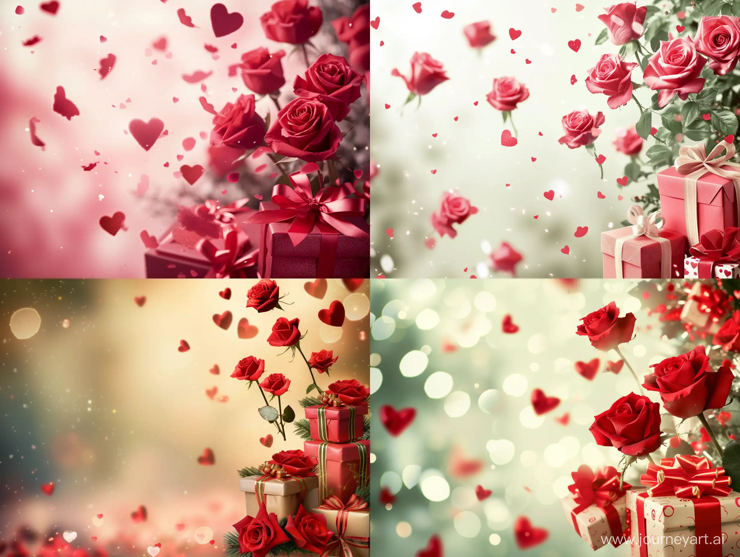 valentines day banner background, flying roses and presents on the right side
