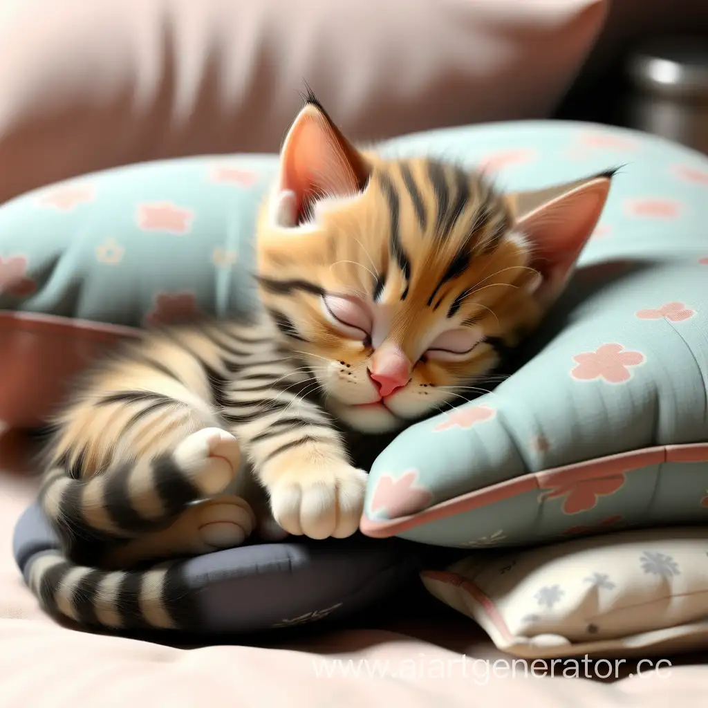Котенок спит на подушке