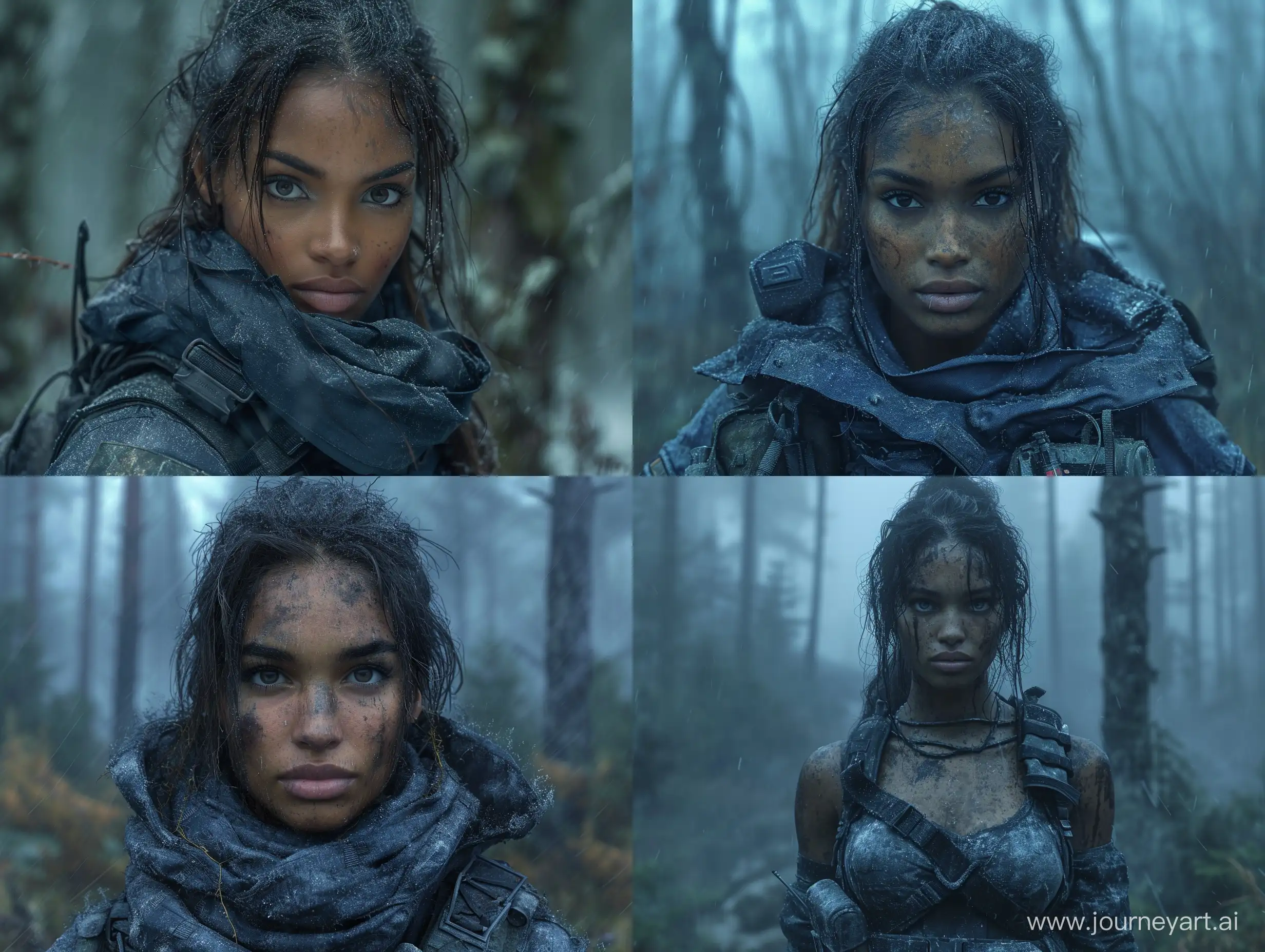 beautiful mulatto female in S.T.A.L.K.E.R as mercenary in darkblue tactical equipment dead trees dark forest --s 950 --style raw --v 6
