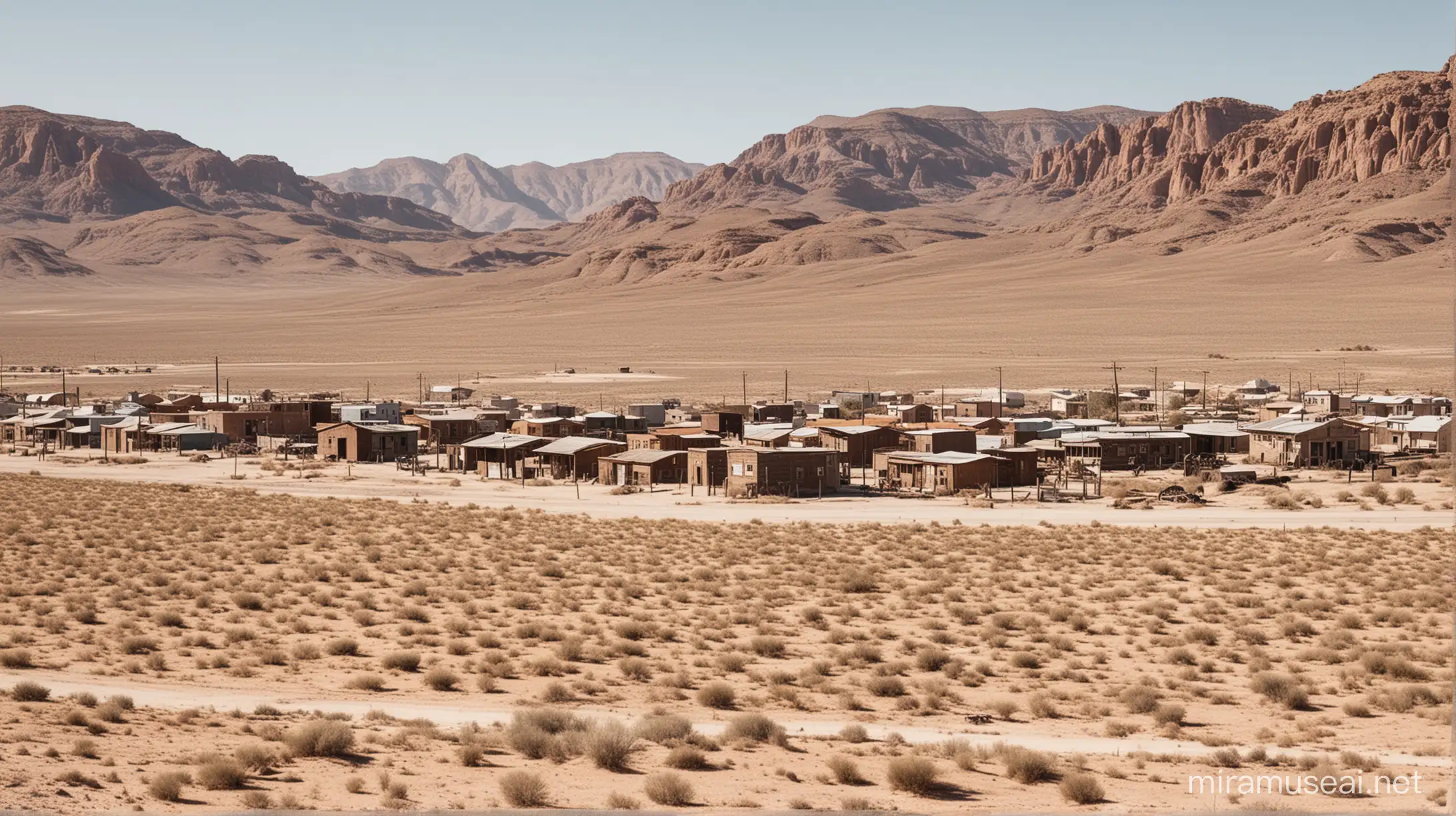 small ghost town in desert from a distance