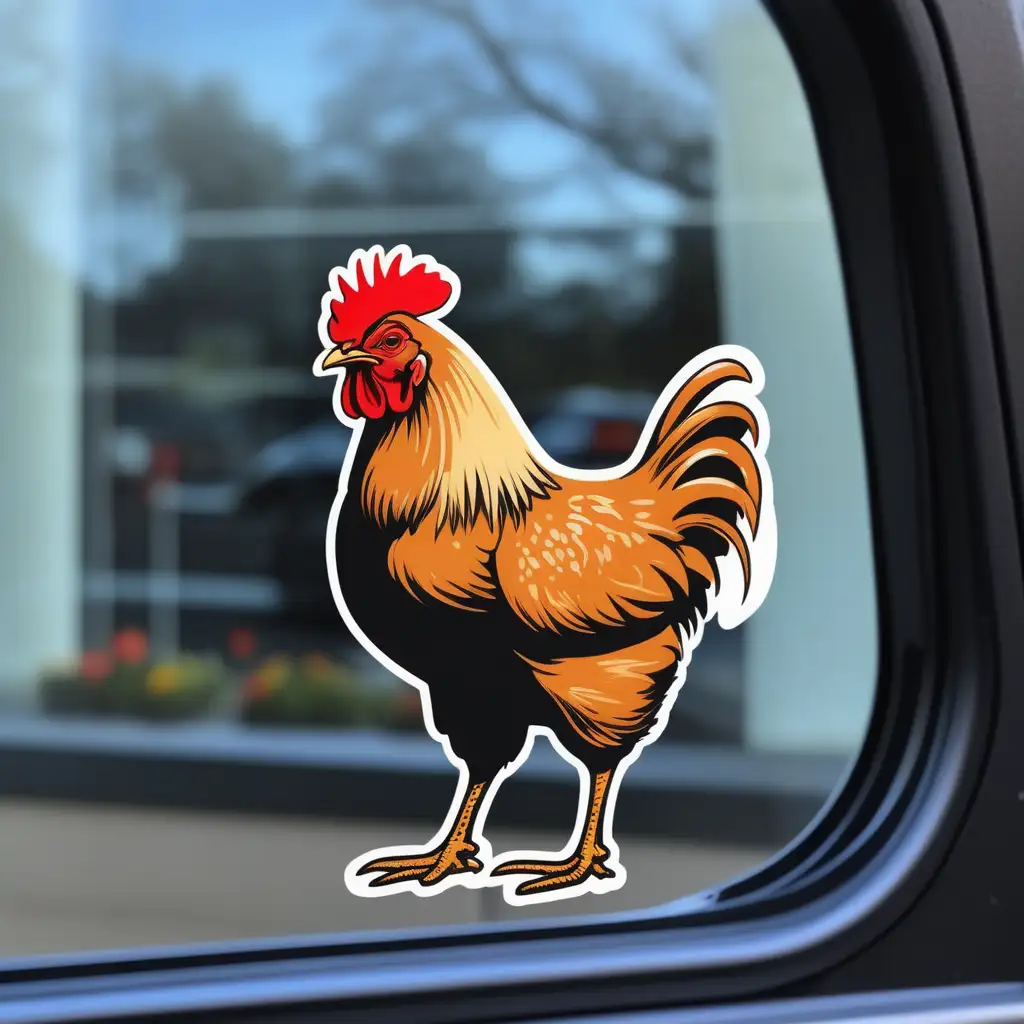 Window decal of a chicken coming out of the window