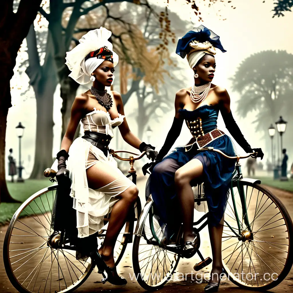Two beautiful half-naked European and African women on expensive antique bicycles, in silk stockings on belts and pantaloons. In very long luxurious dresses with African ornaments and fashionable African headscarves. They look to the right and down. All this is against the background of the English regular park. The end of the 19th century. Direct and contour light. Fog. Evening. Everything is designed in the style of vintage black and white photographs.