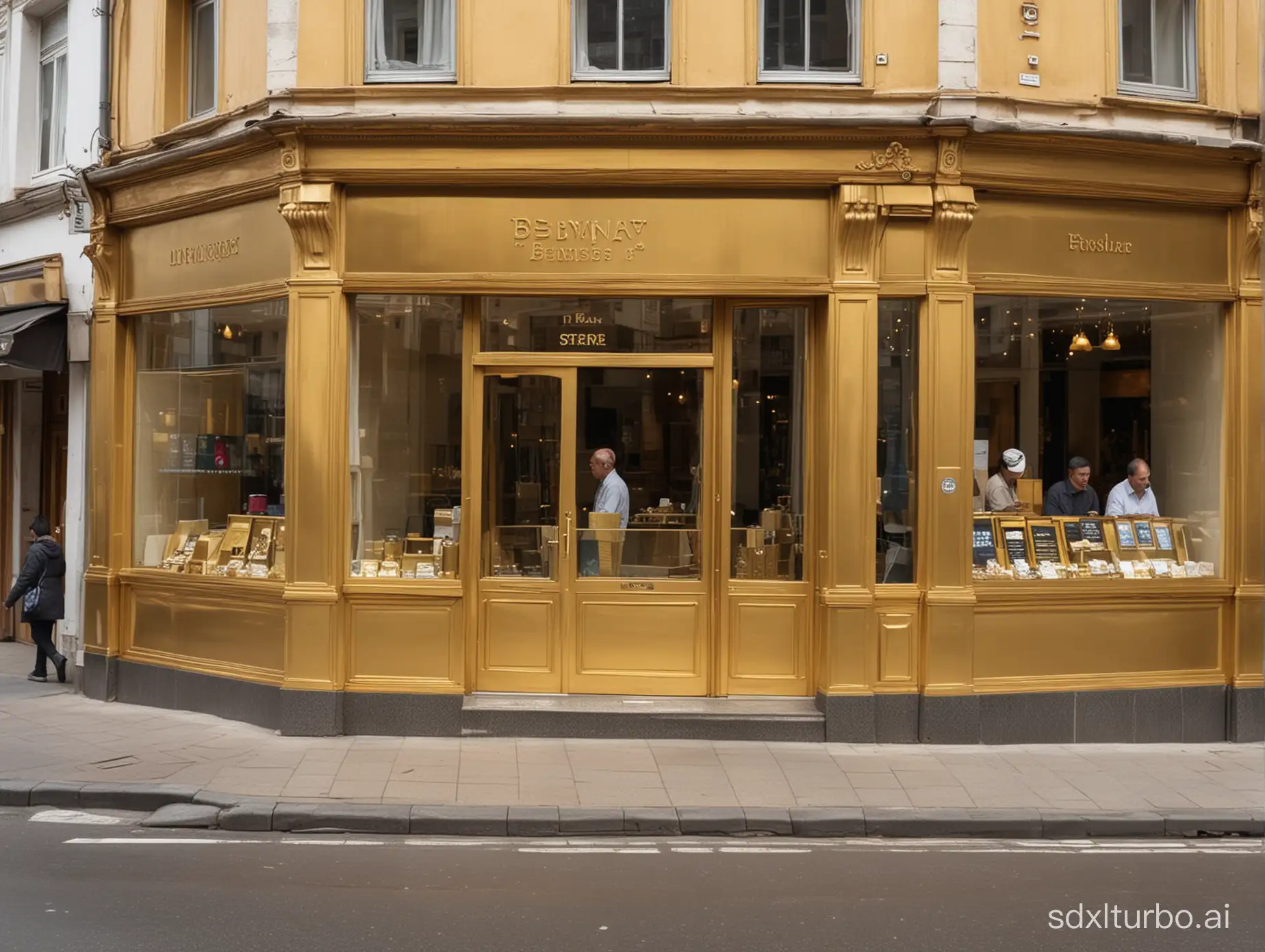 a long street, people walking, a gold store at the corner, closing door, shopkeeper, packing, high quality
