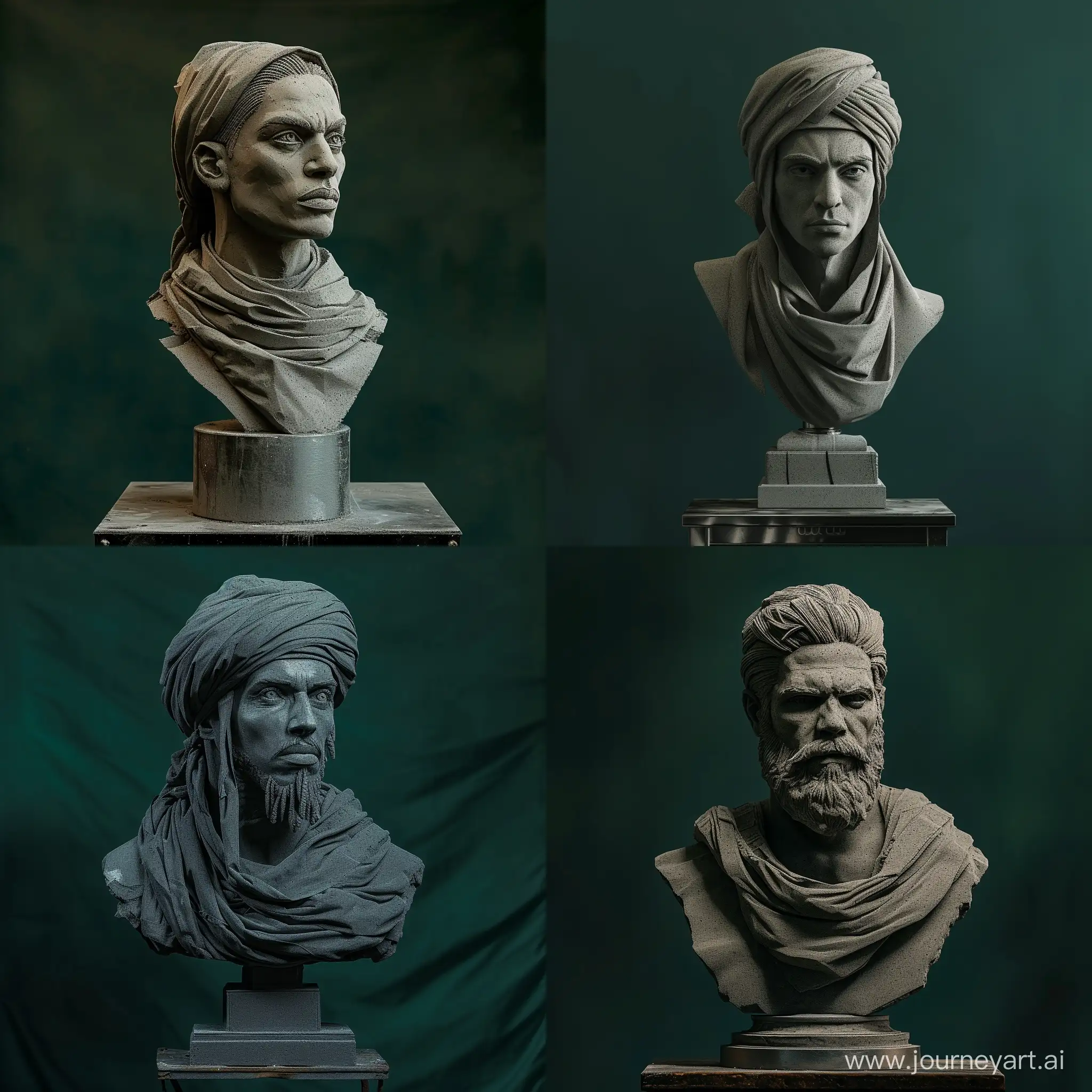 A chalk Sculpture of Sa'di, metal Base, Bust Style, dark green Background, Cinematic Pose, Wide Shot, High Precision --v 6.0