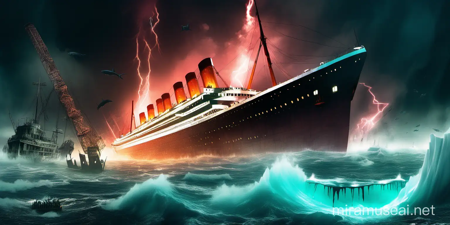 concept art, the Titanic envahit de zombies qui festoient qui rencontre un énorme iceberg, des éclairs et de la fumée en couleur partout