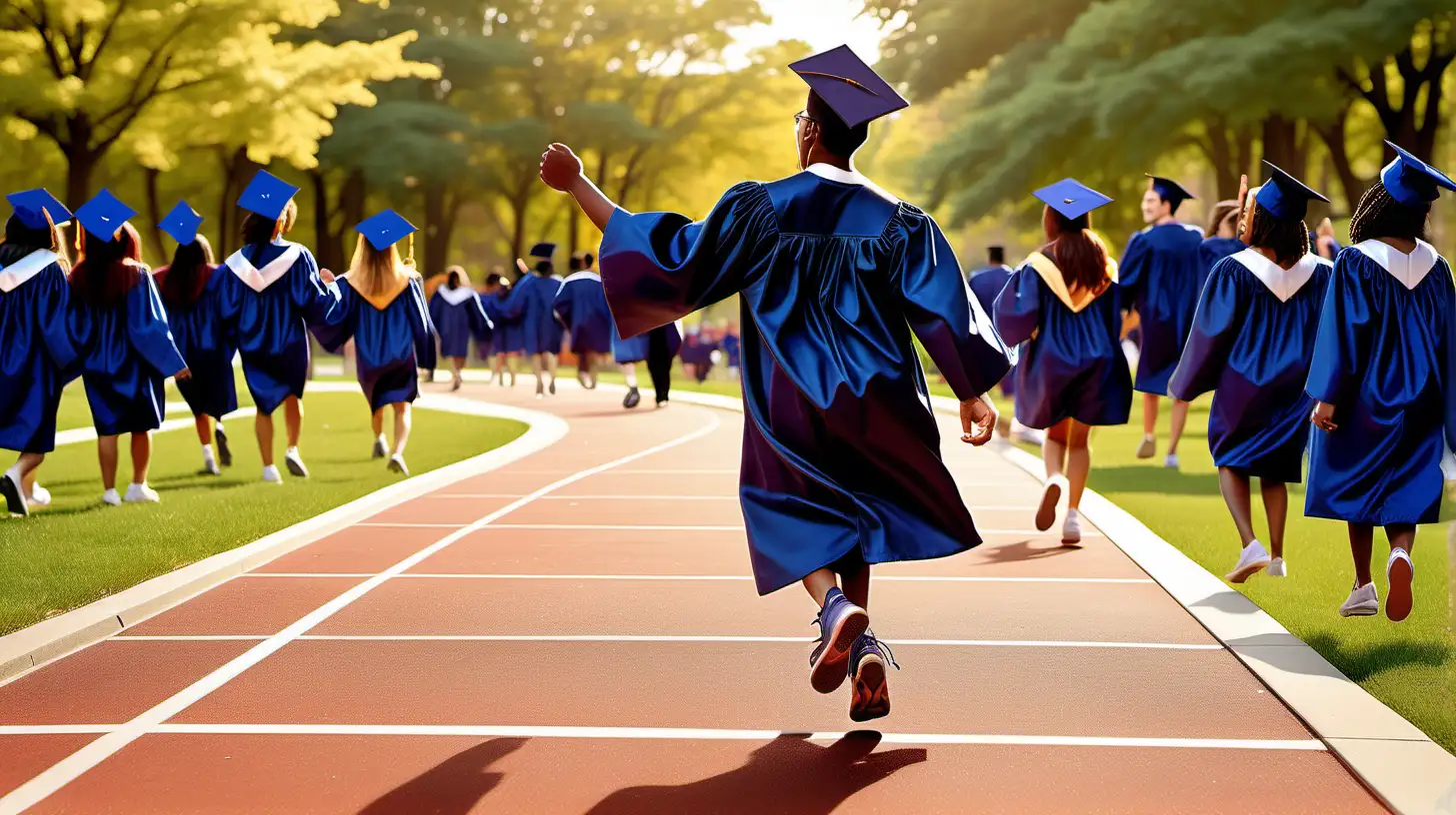 Create an image of a young scholar running with a graduation cap and gown at walking park with a track and people cheering include african americans
