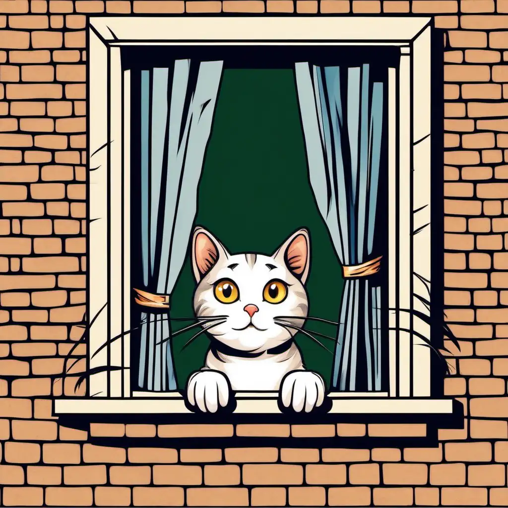 a cat peeks out of the window, vector art, 2d
