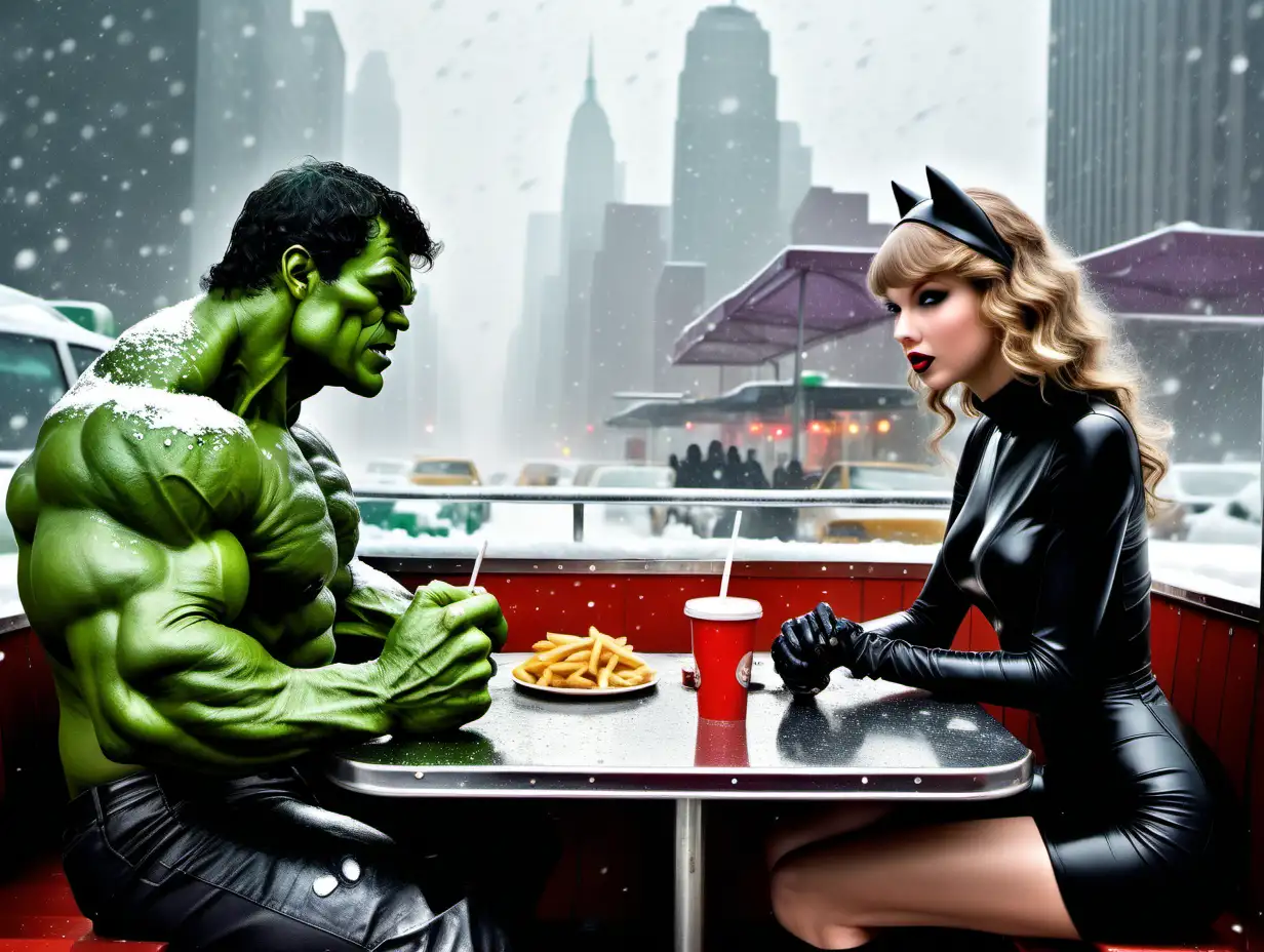wide view Taylor Swift as Cat woman and the Hulk on a date in a fast food joint overlooking NYC during a snow storm Frank Frazetta style